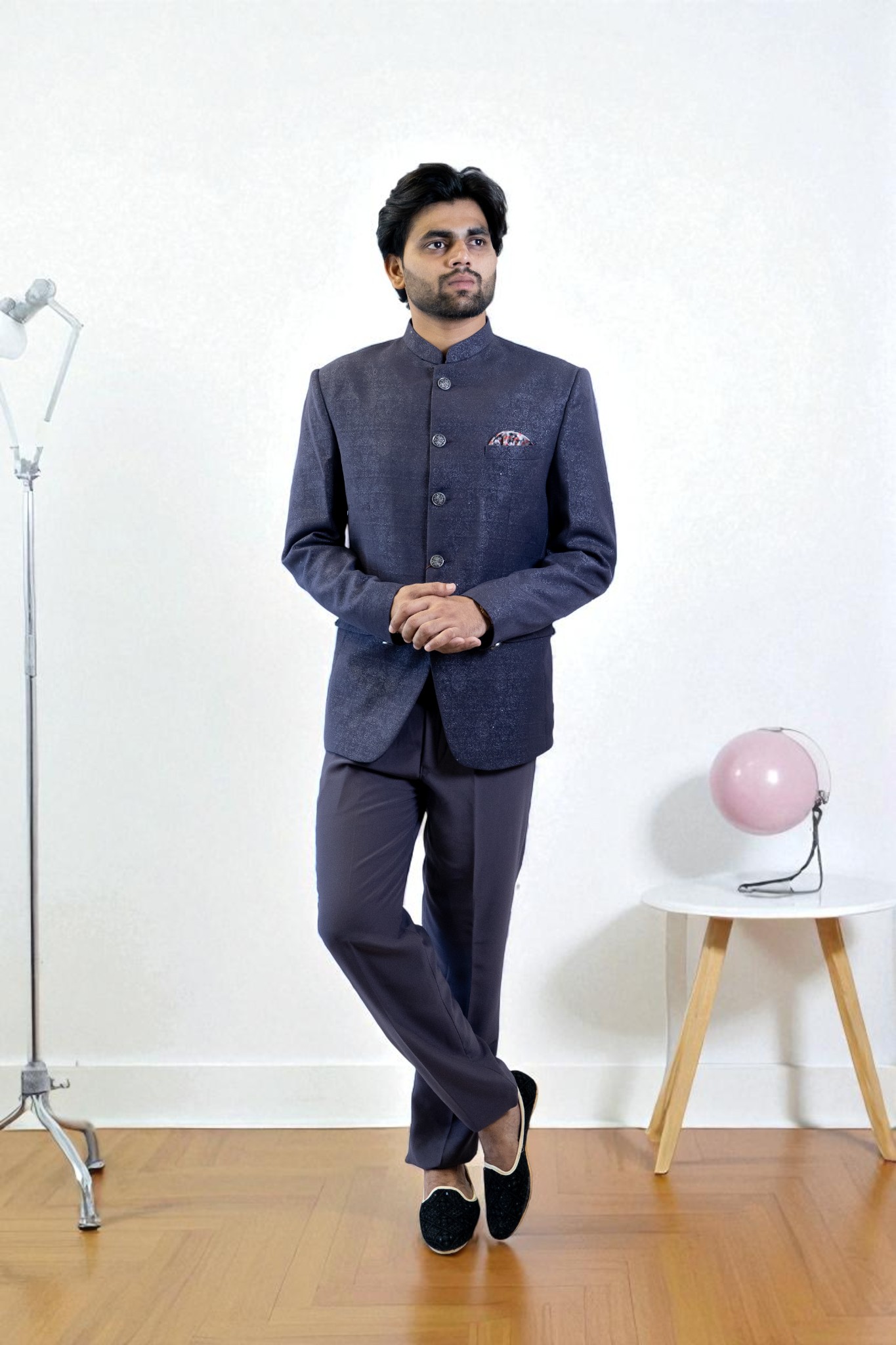 Grey Jodhpuri Suit – Printed Design in Suiting Fabric - Image 5