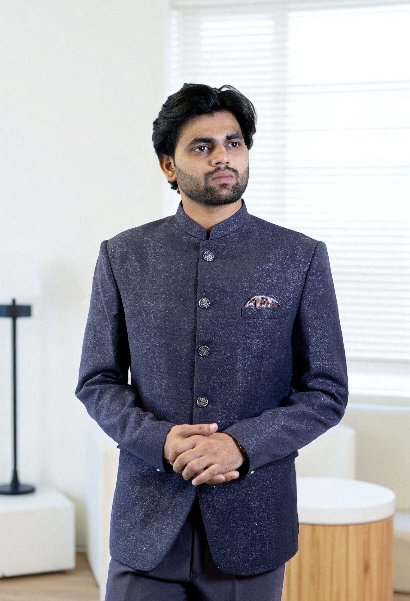 Grey Jodhpuri Suit – Printed Design in Suiting Fabric