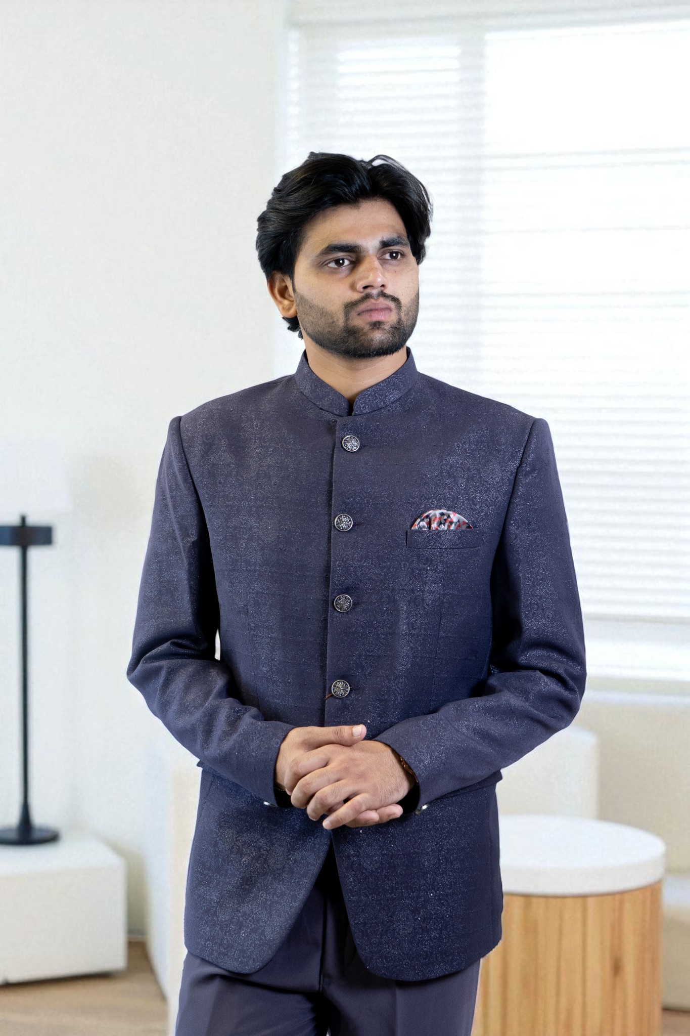Grey Jodhpuri Suit – Printed Design in Suiting Fabric