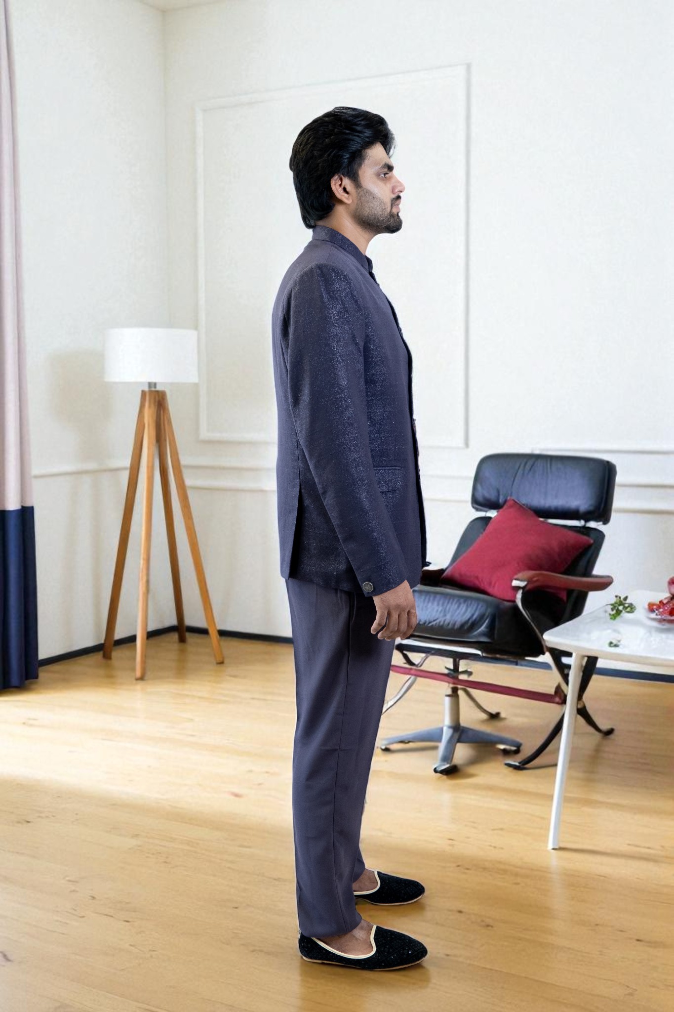 Grey Jodhpuri Suit – Printed Design in Suiting Fabric - Image 4