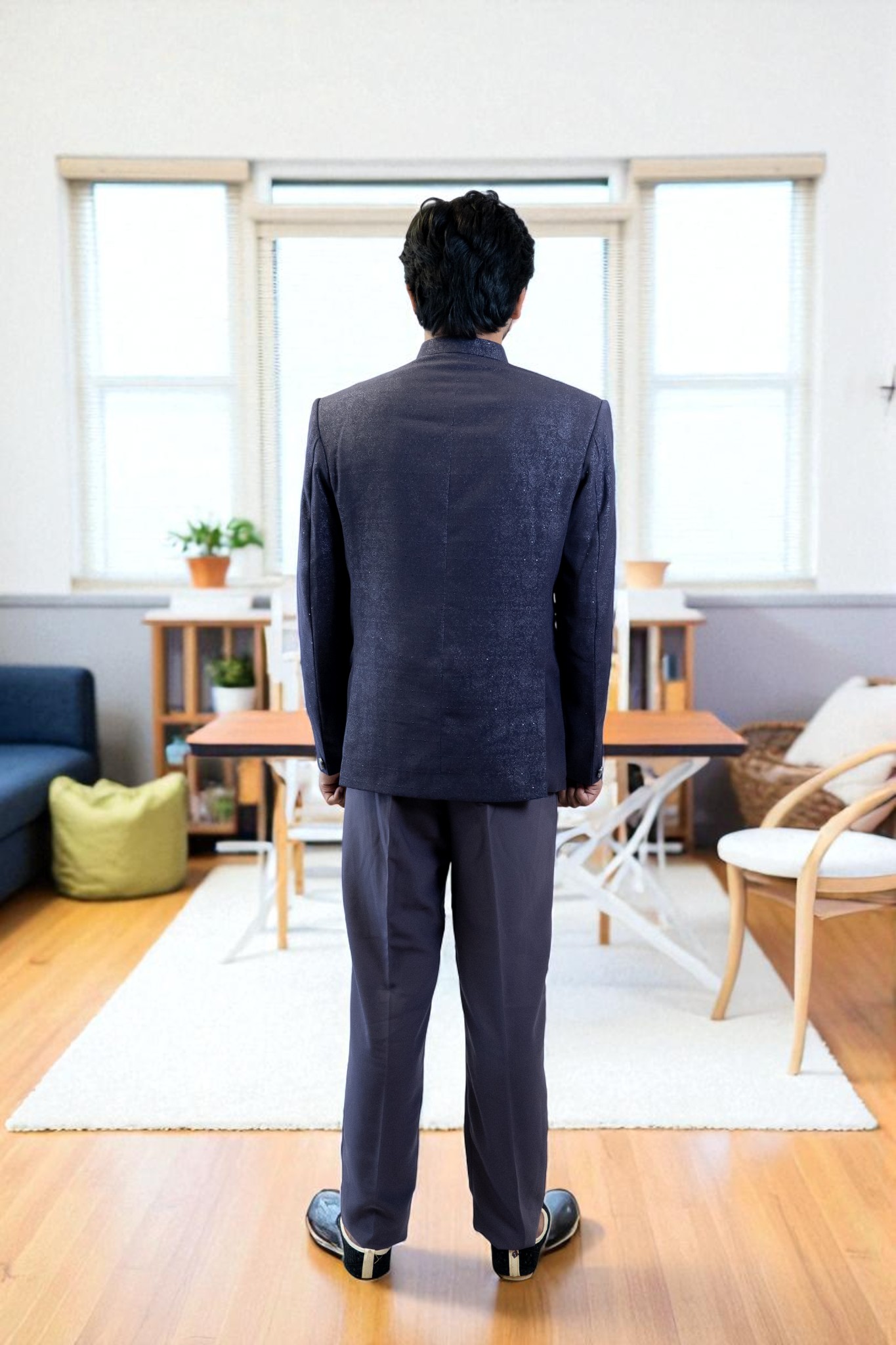 Grey Jodhpuri Suit – Printed Design in Suiting Fabric - Image 6