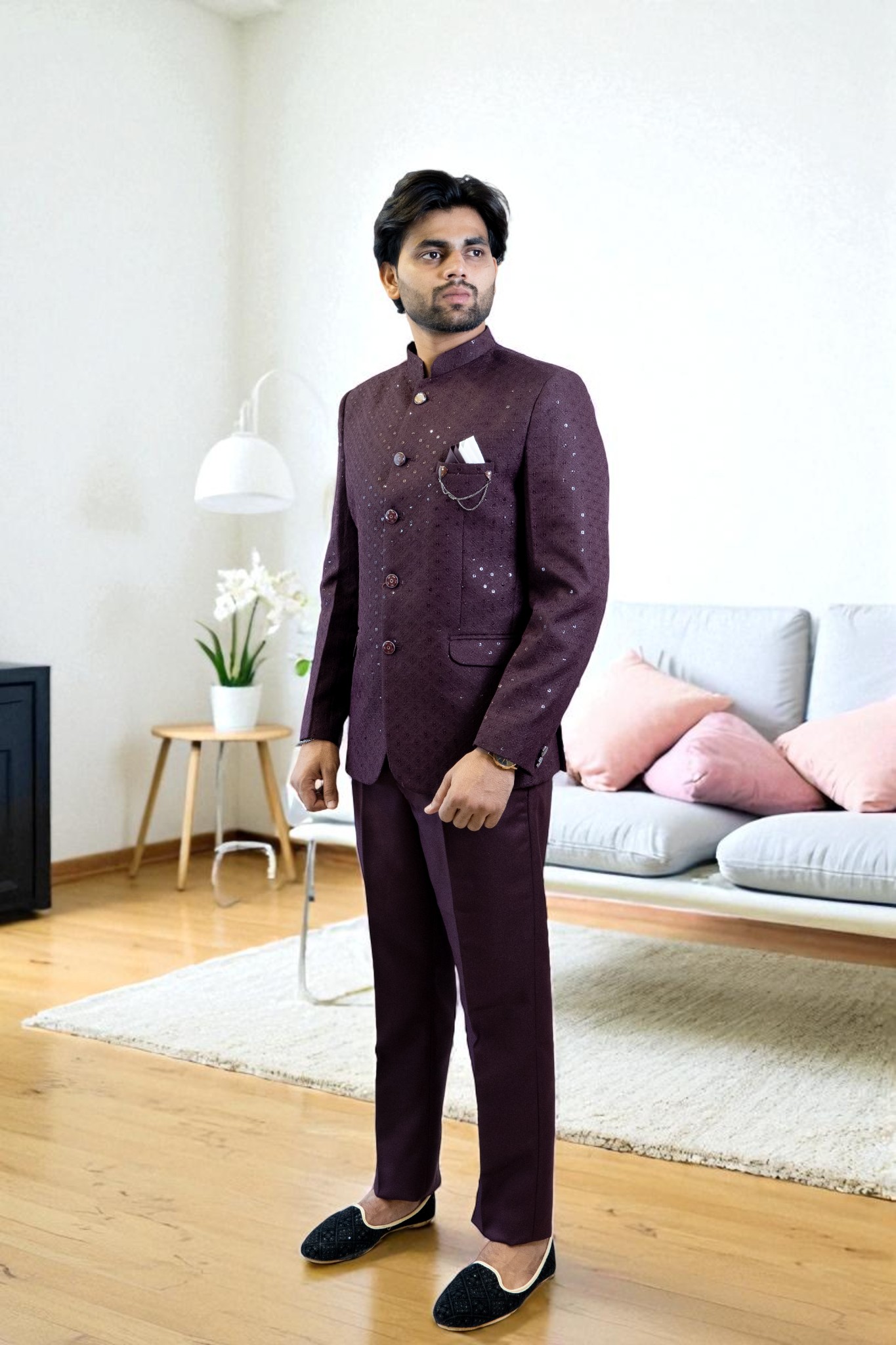 Wine Jodhpuri Suit – Sequin Design & Suiting Fabric - Image 3