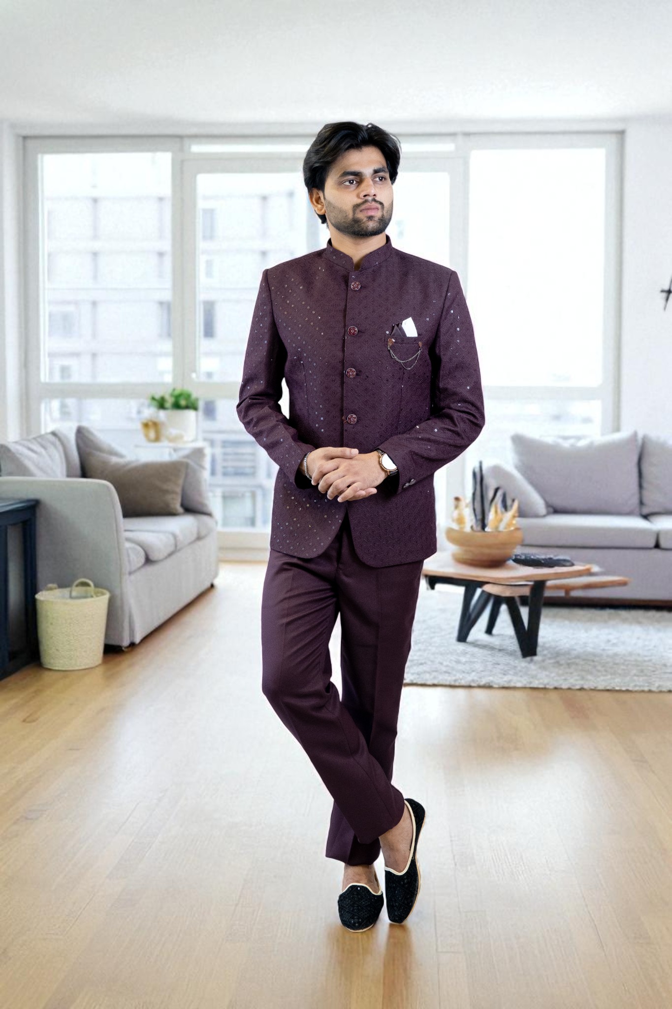 Wine Jodhpuri Suit – Sequin Design & Suiting Fabric - Image 4