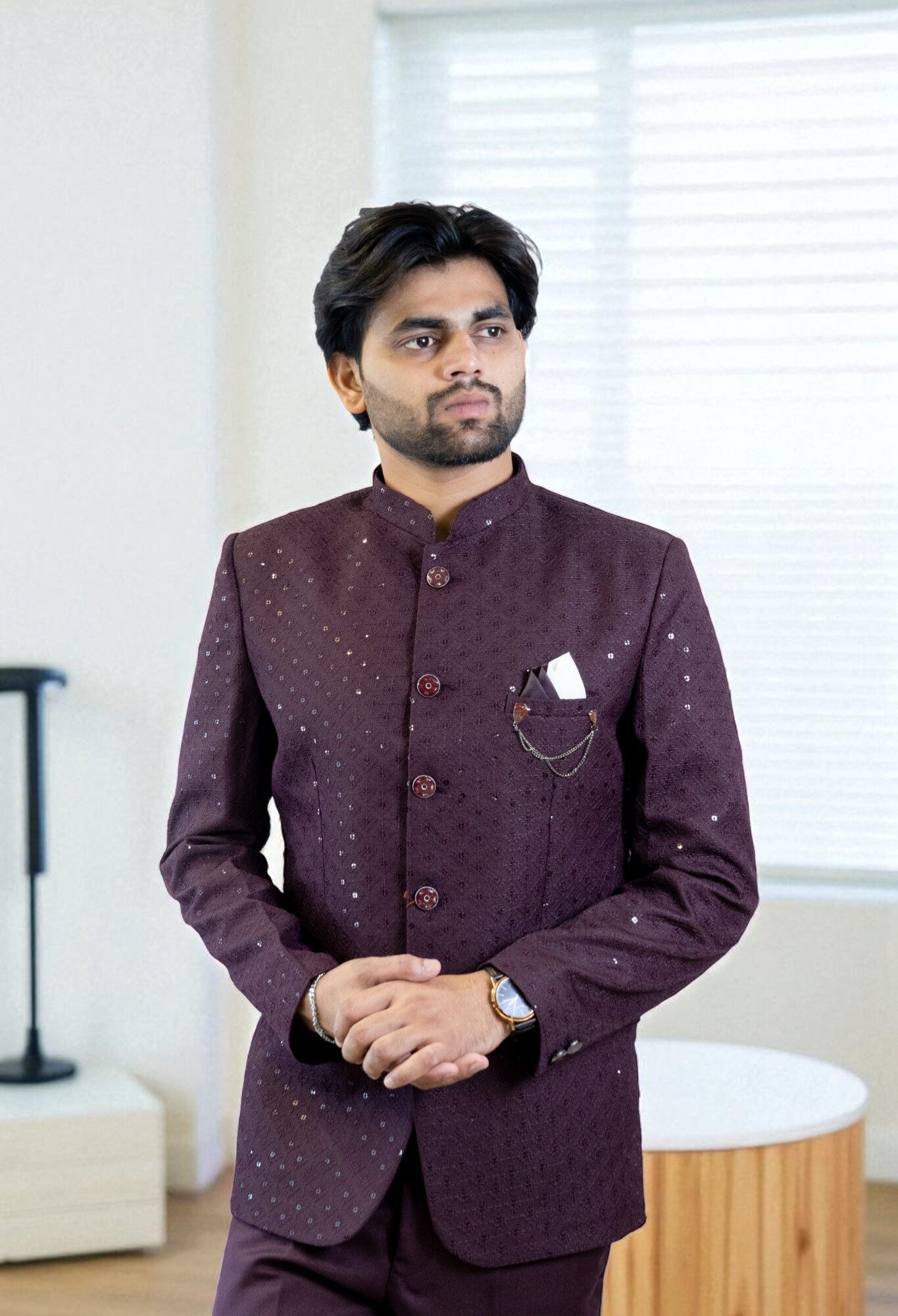Wine Jodhpuri Suit – Sequin Design & Suiting Fabric