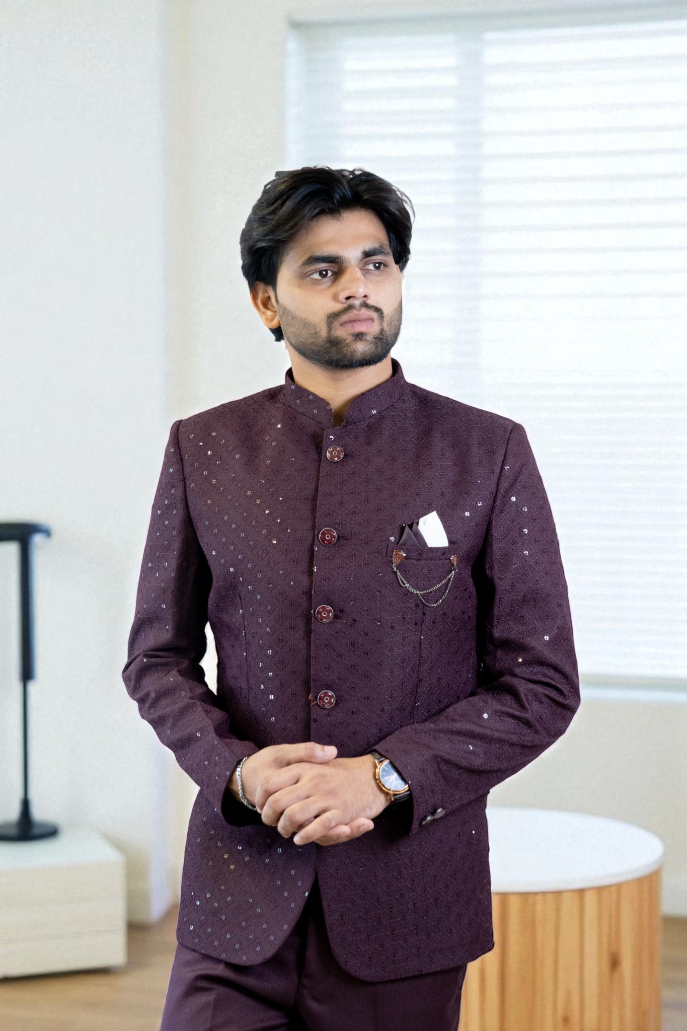 Wine Jodhpuri Suit – Sequin Design & Suiting Fabric