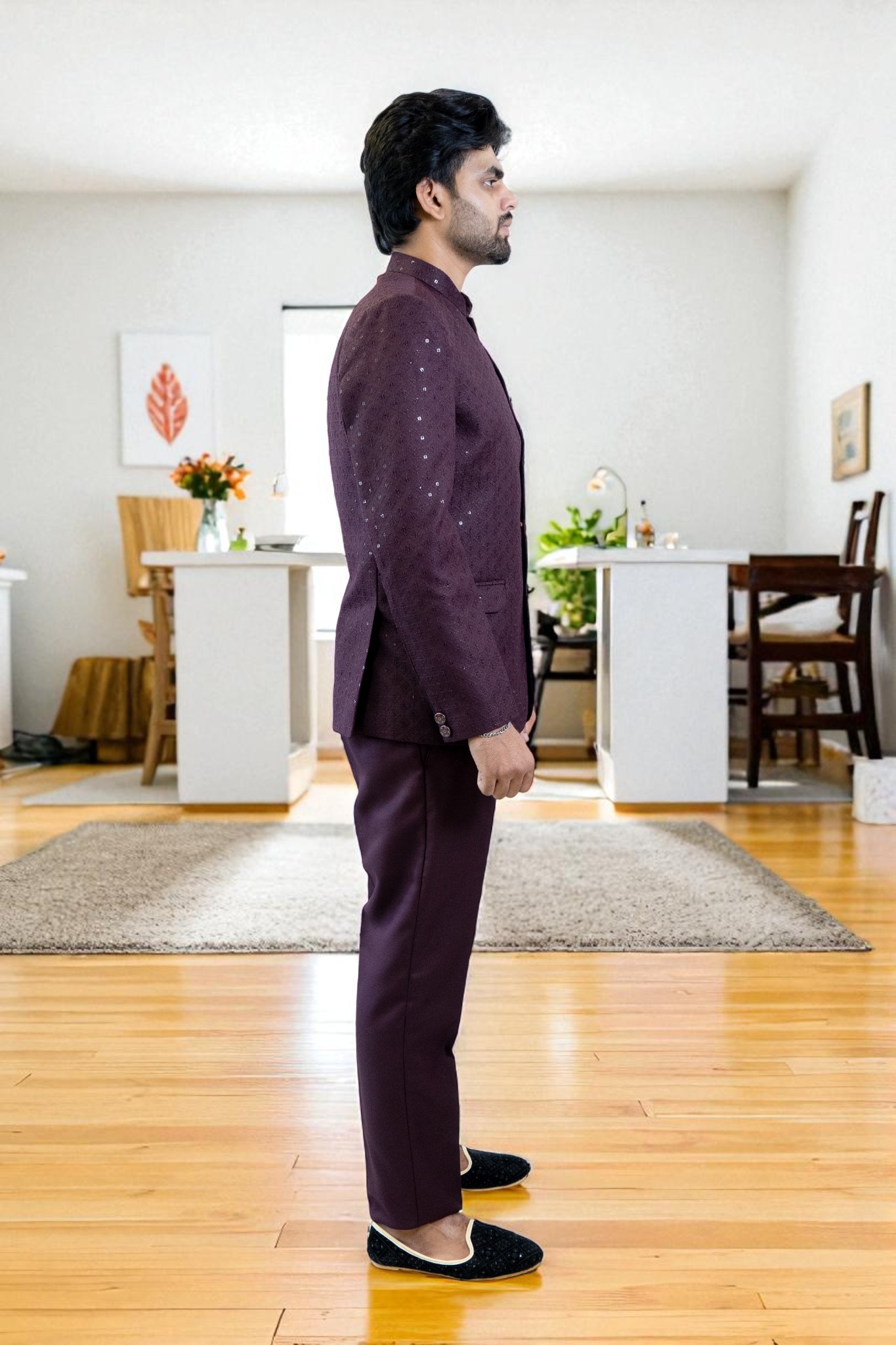 Wine Jodhpuri Suit – Sequin Design & Suiting Fabric - Image 5