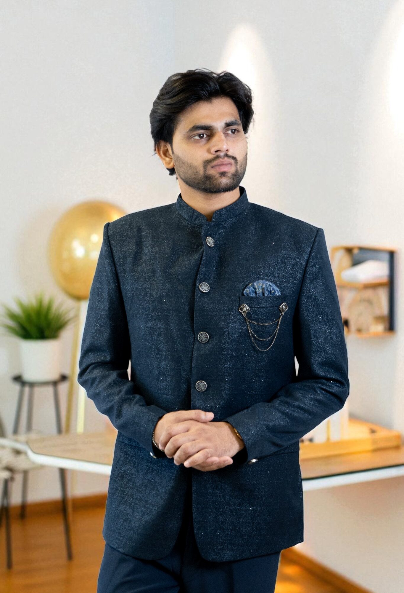 Navy Blue Bandhgala Jodhpuri Suit – Velvet Printed Design