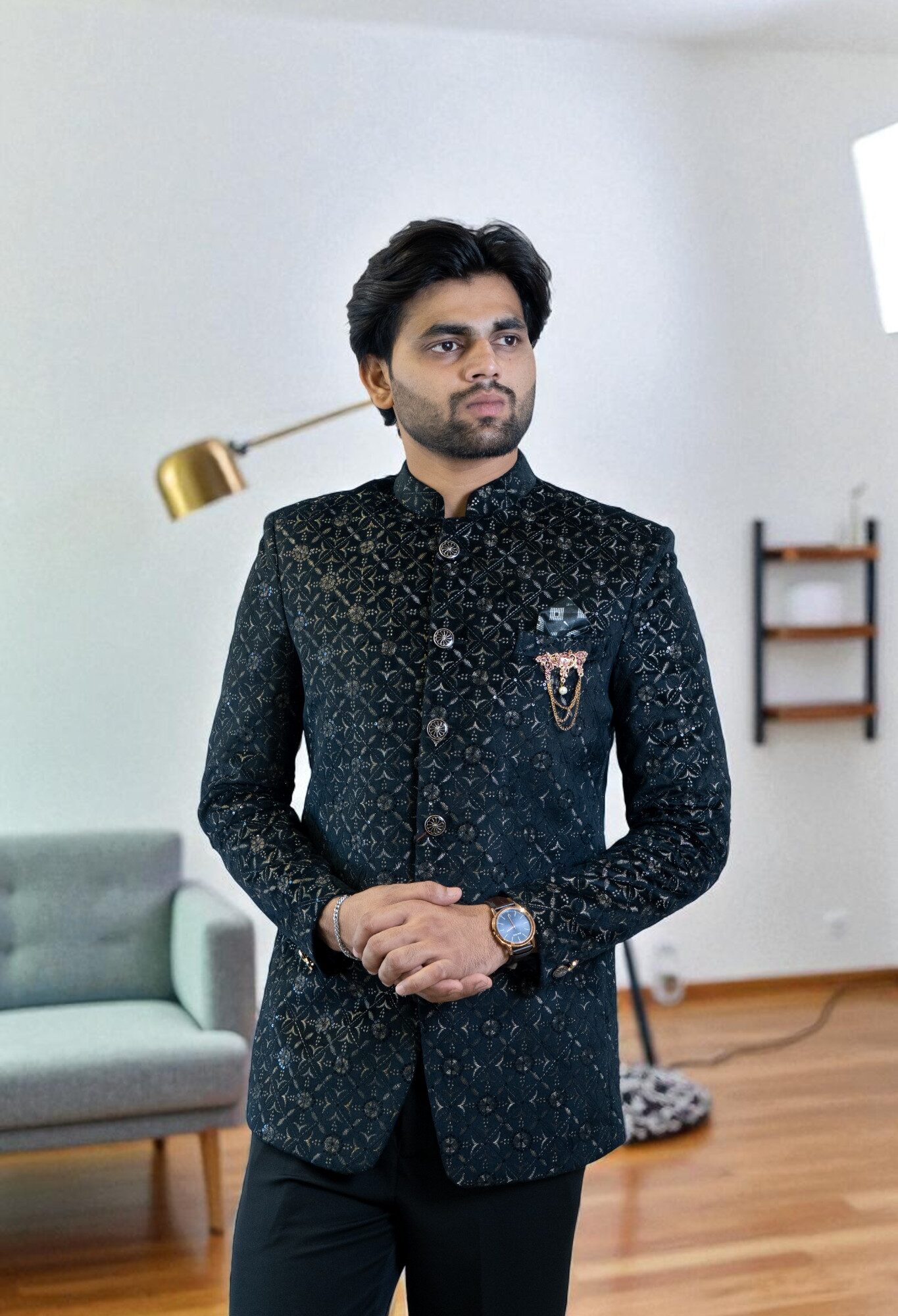 Black Bandhgala Jodhpuri Suit – Golden Thread Work
