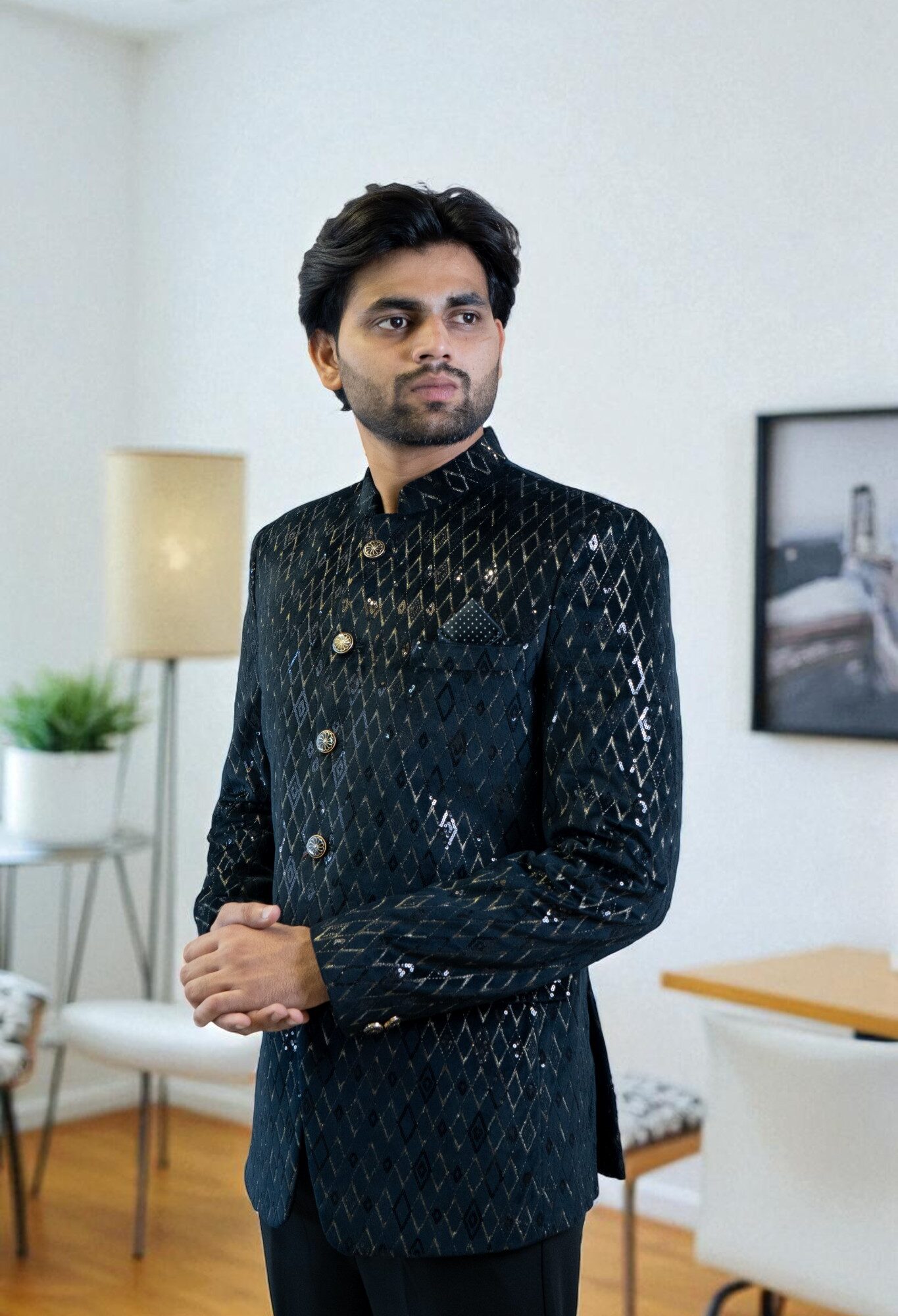 Black Bandhgala Jodhpuri Suit – Golden Print Design