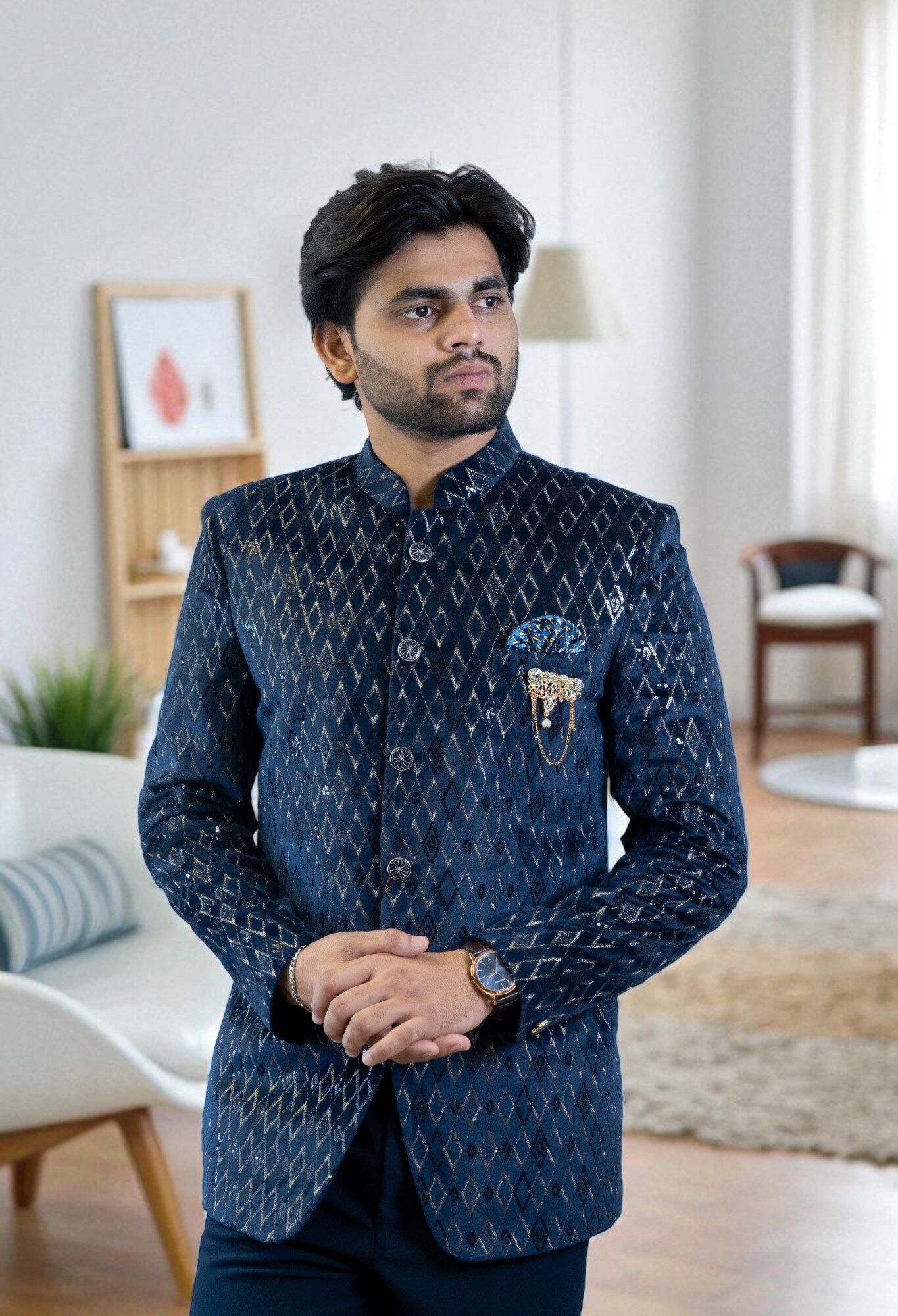 Navy Blue Jodhpuri Suit – Golden Print Design