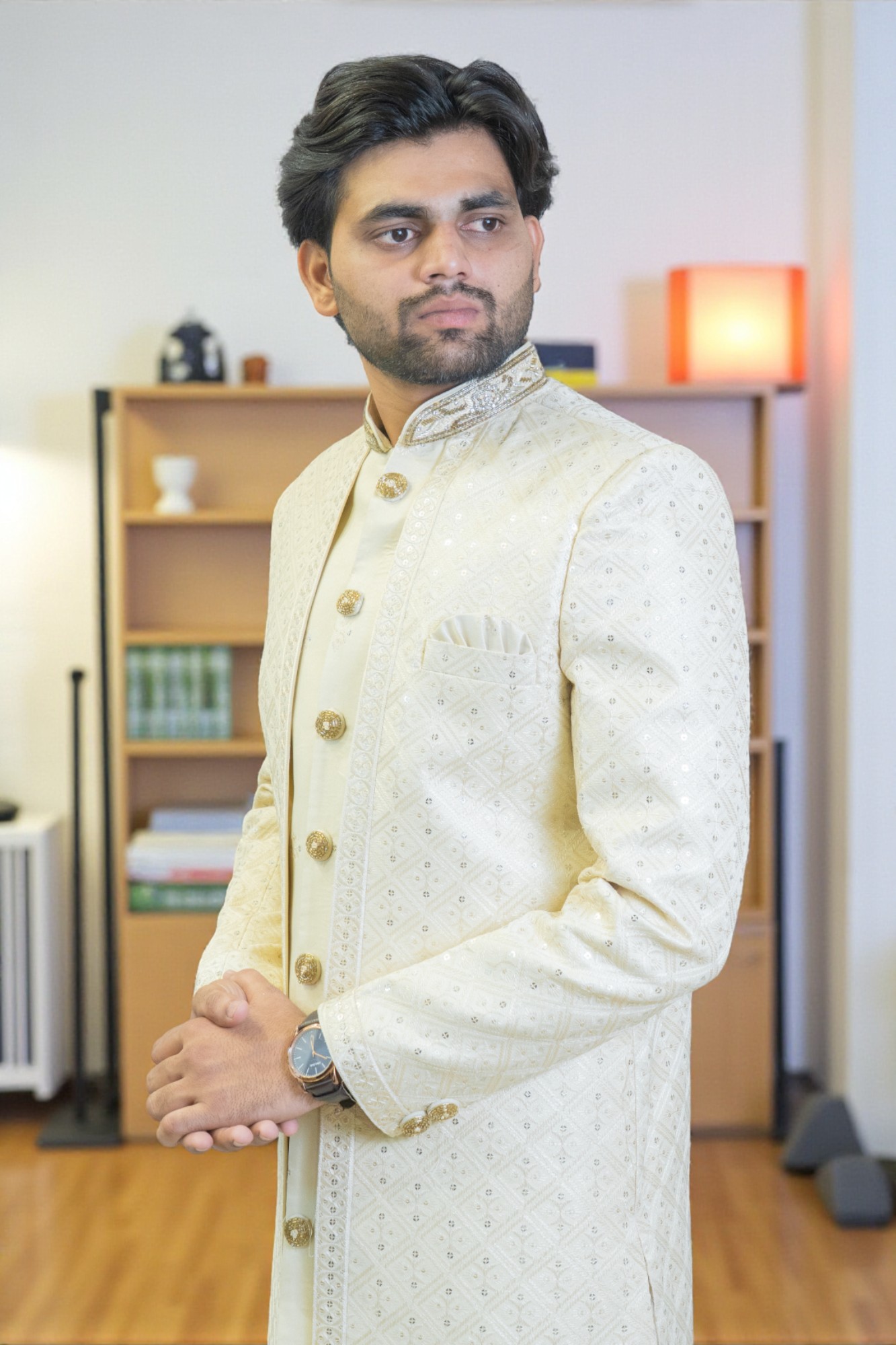 Luxury Sherwani for Men in Off White with Floral Designer Touch