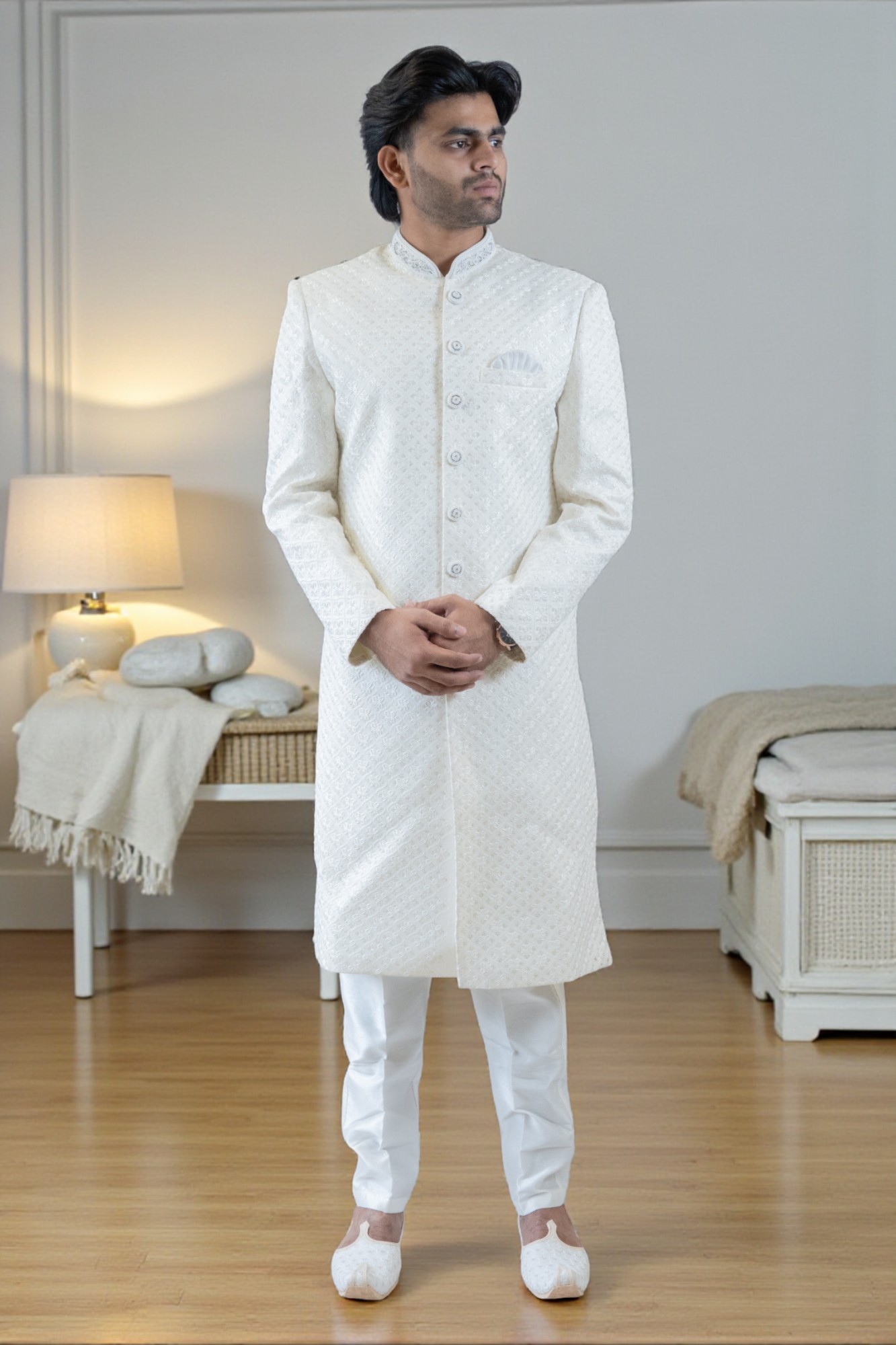 Off-White Floral Sherwani Set for Men – Stylish Sequins Design & Comfortable Fit