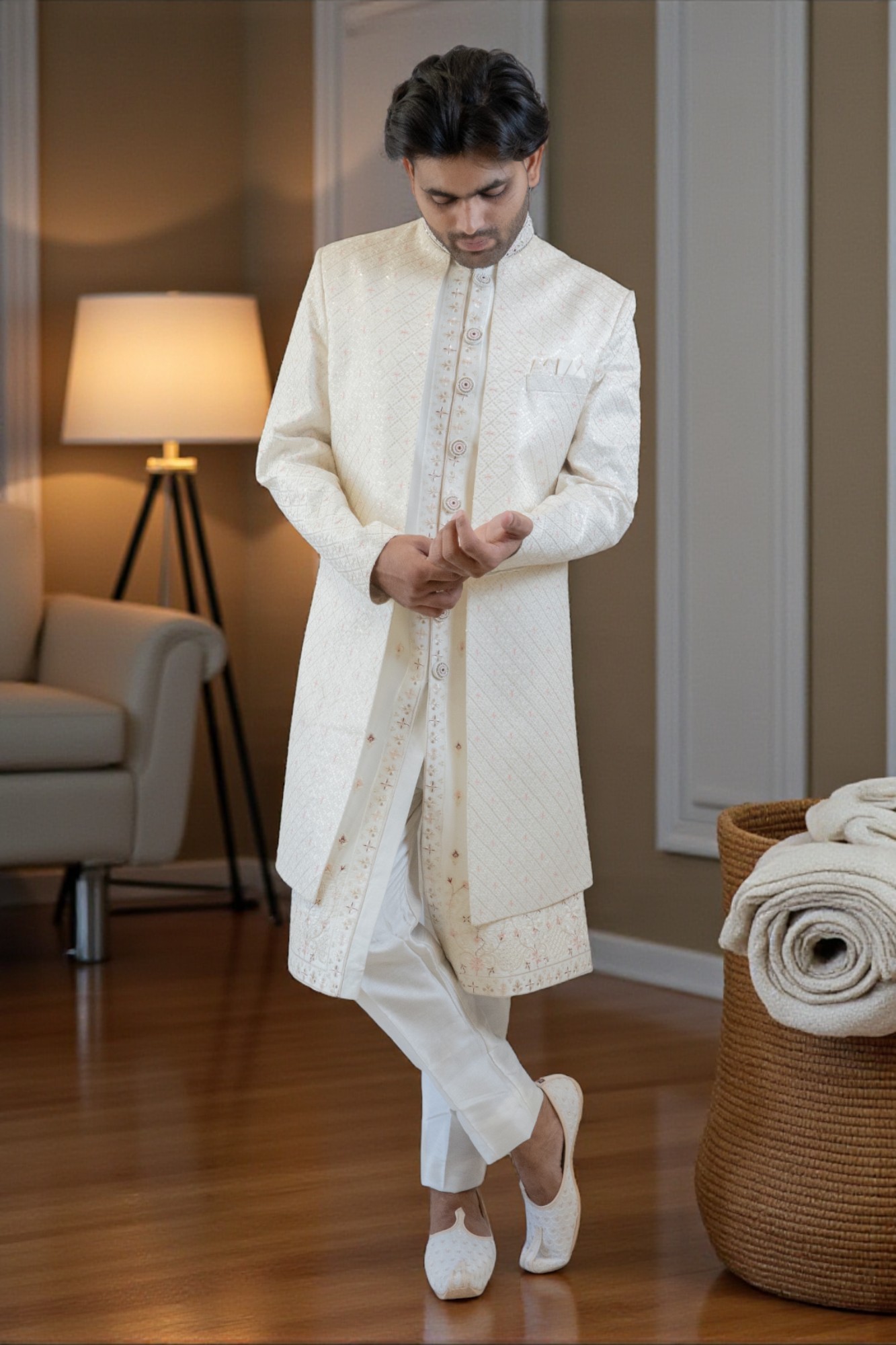 Men’s Ethnic Sherwani Set with Modern Embroidery and Floral Patterns