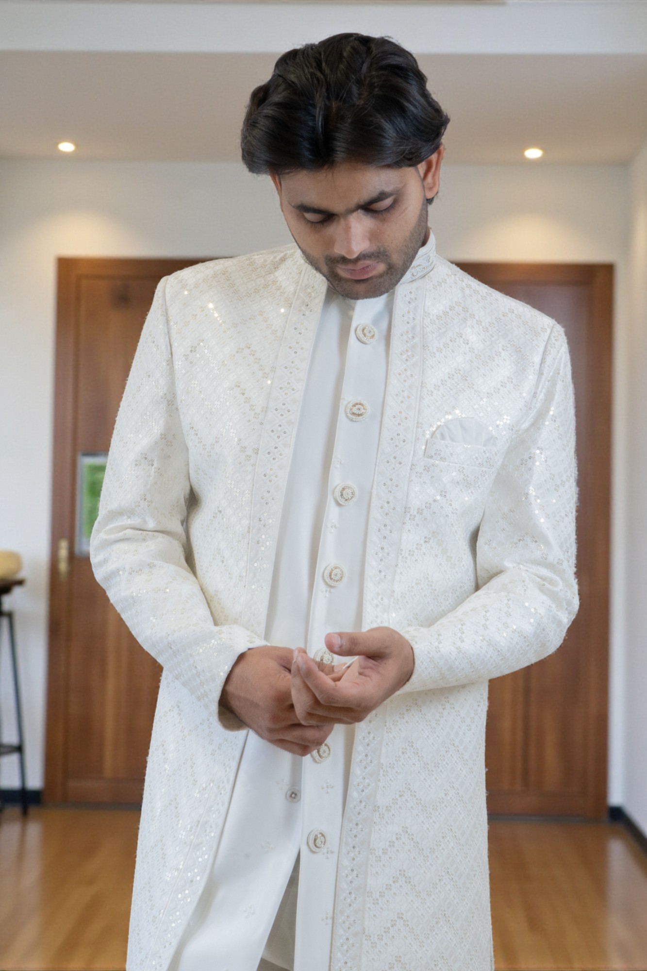 Men’s Off-White Sherwani Set with Sequin Design for Weddings and Festive Occasions - Image 2