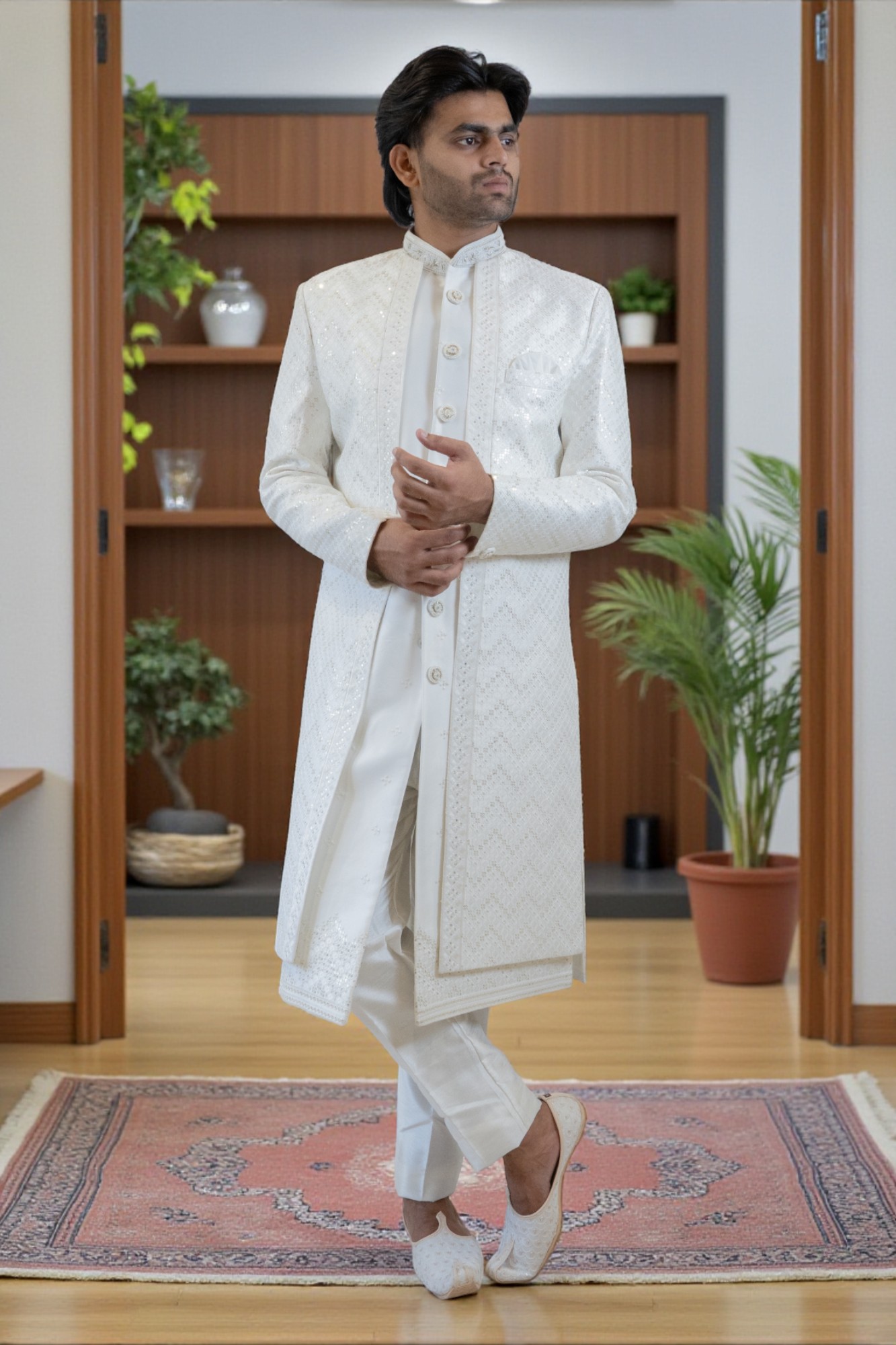 Men’s Off-White Sherwani Set with Sequin Design for Weddings and Festive Occasions