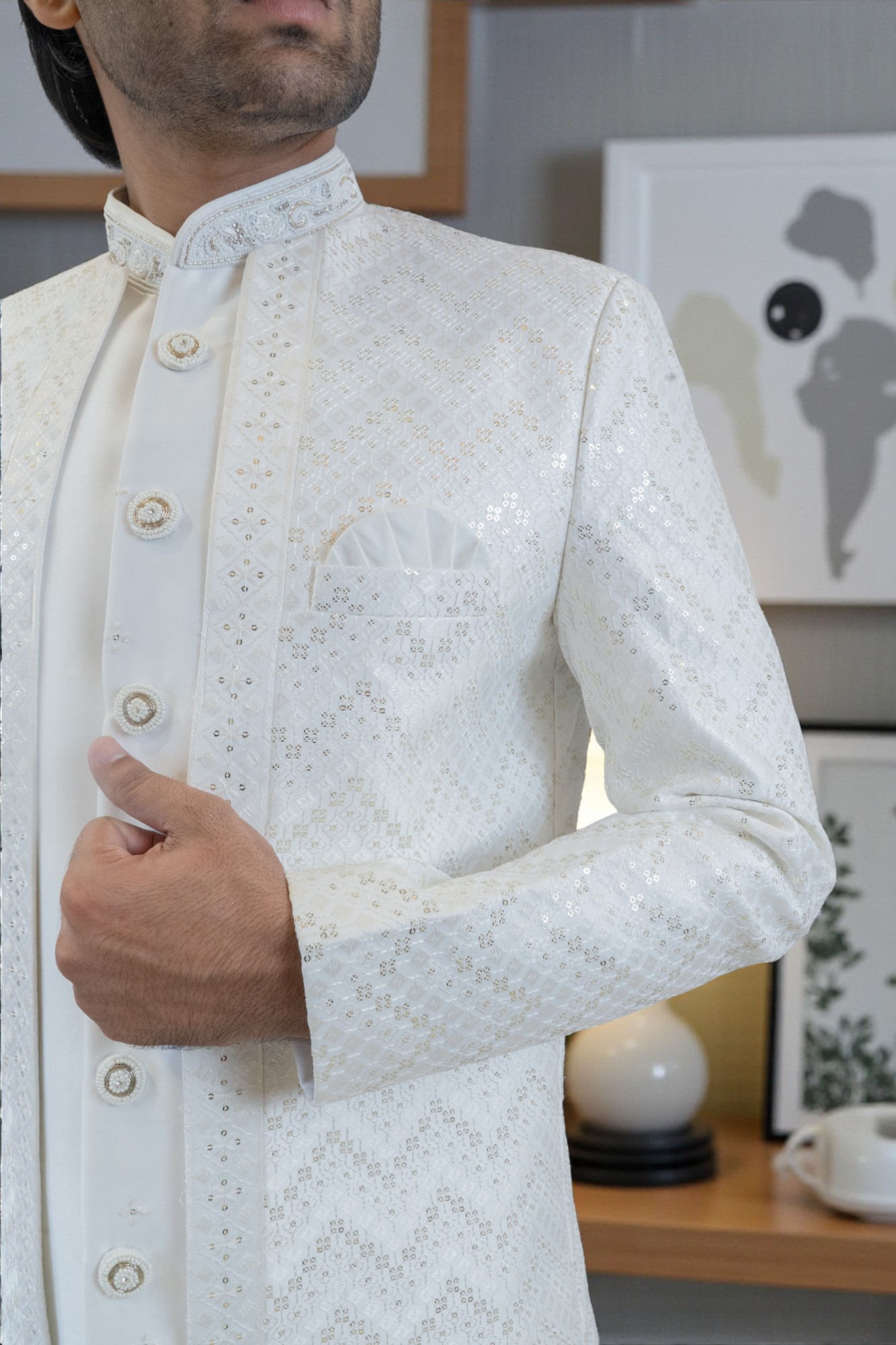 Men’s Off-White Sherwani Set with Sequin Design for Weddings and Festive Occasions - Image 3