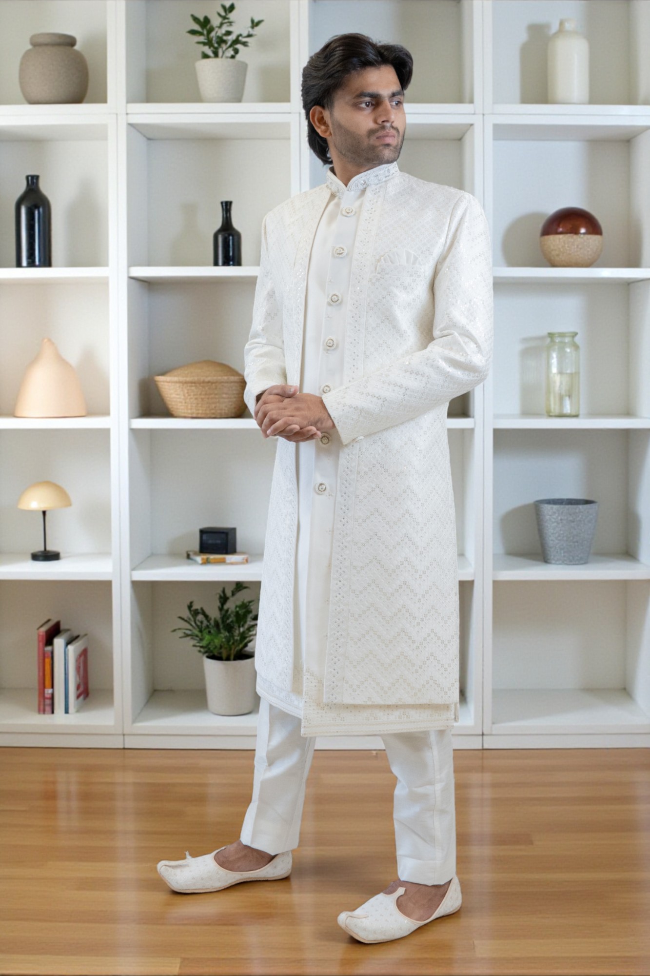 Men’s Off-White Sherwani Set with Sequin Design for Weddings and Festive Occasions - Image 4