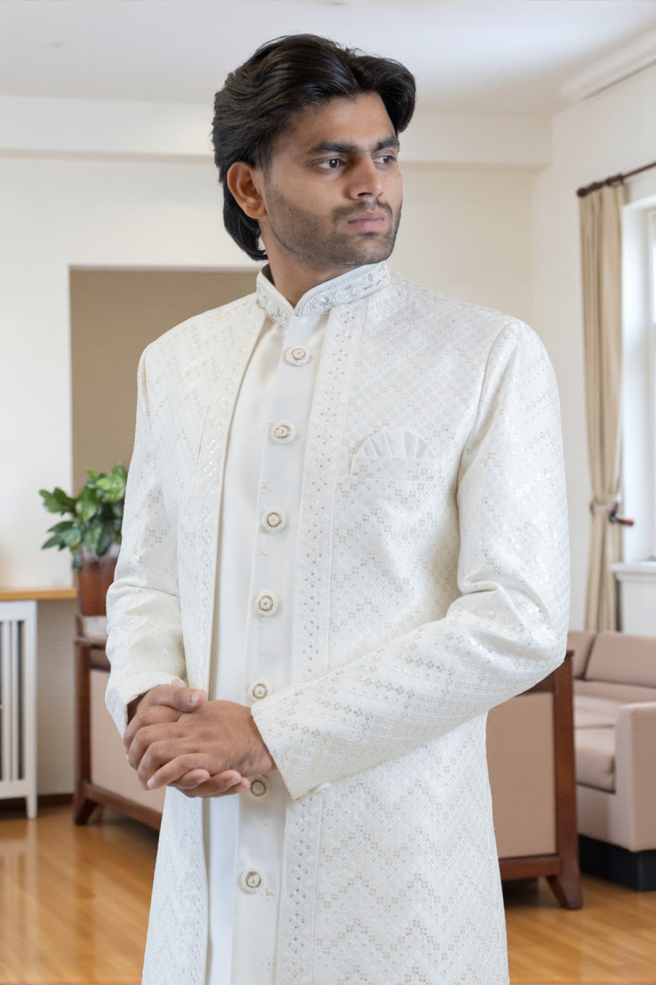 Men’s Off-White Sherwani Set with Sequin Design for Weddings and Festive Occasions - Image 5