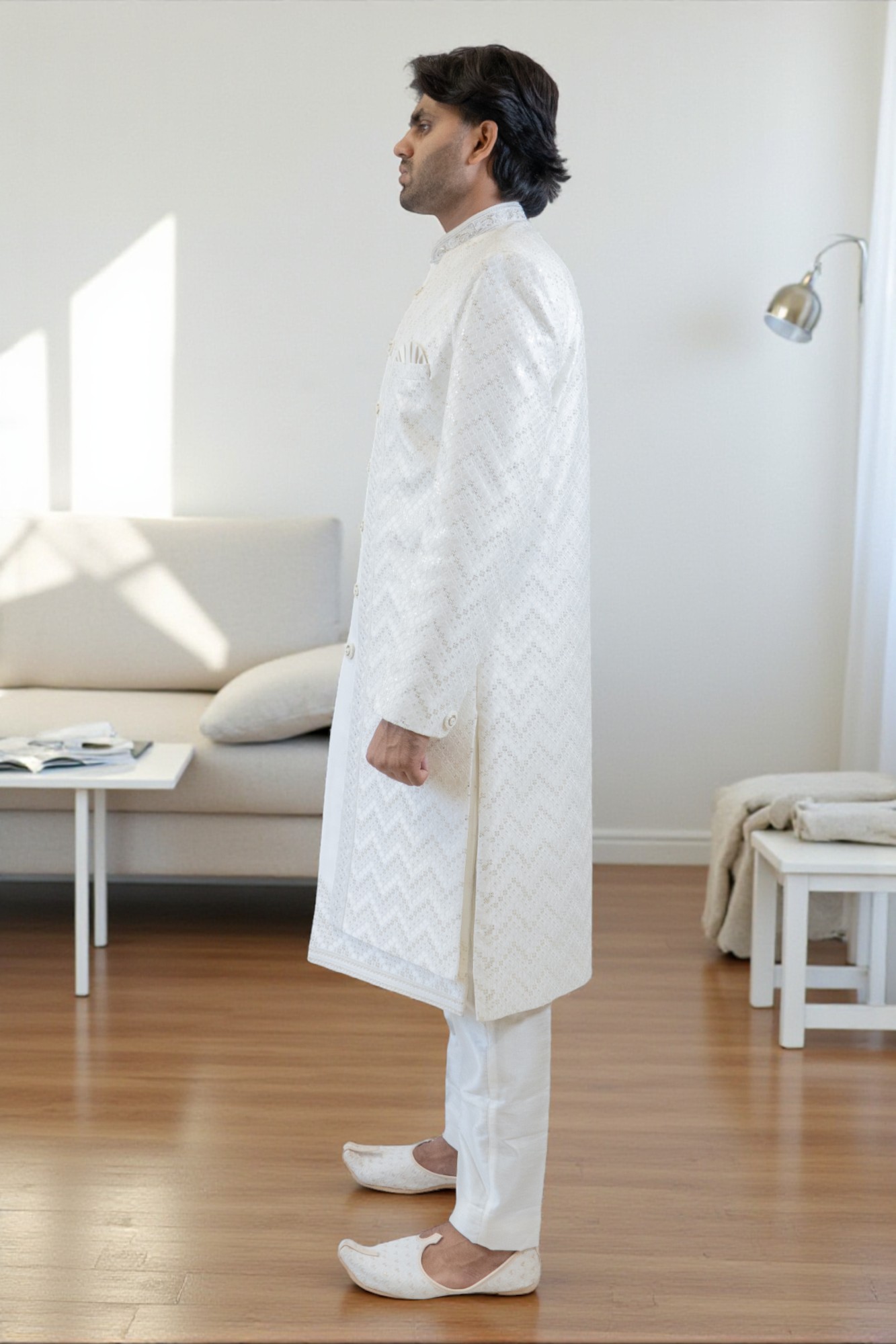 Men’s Off-White Sherwani Set with Sequin Design for Weddings and Festive Occasions - Image 6