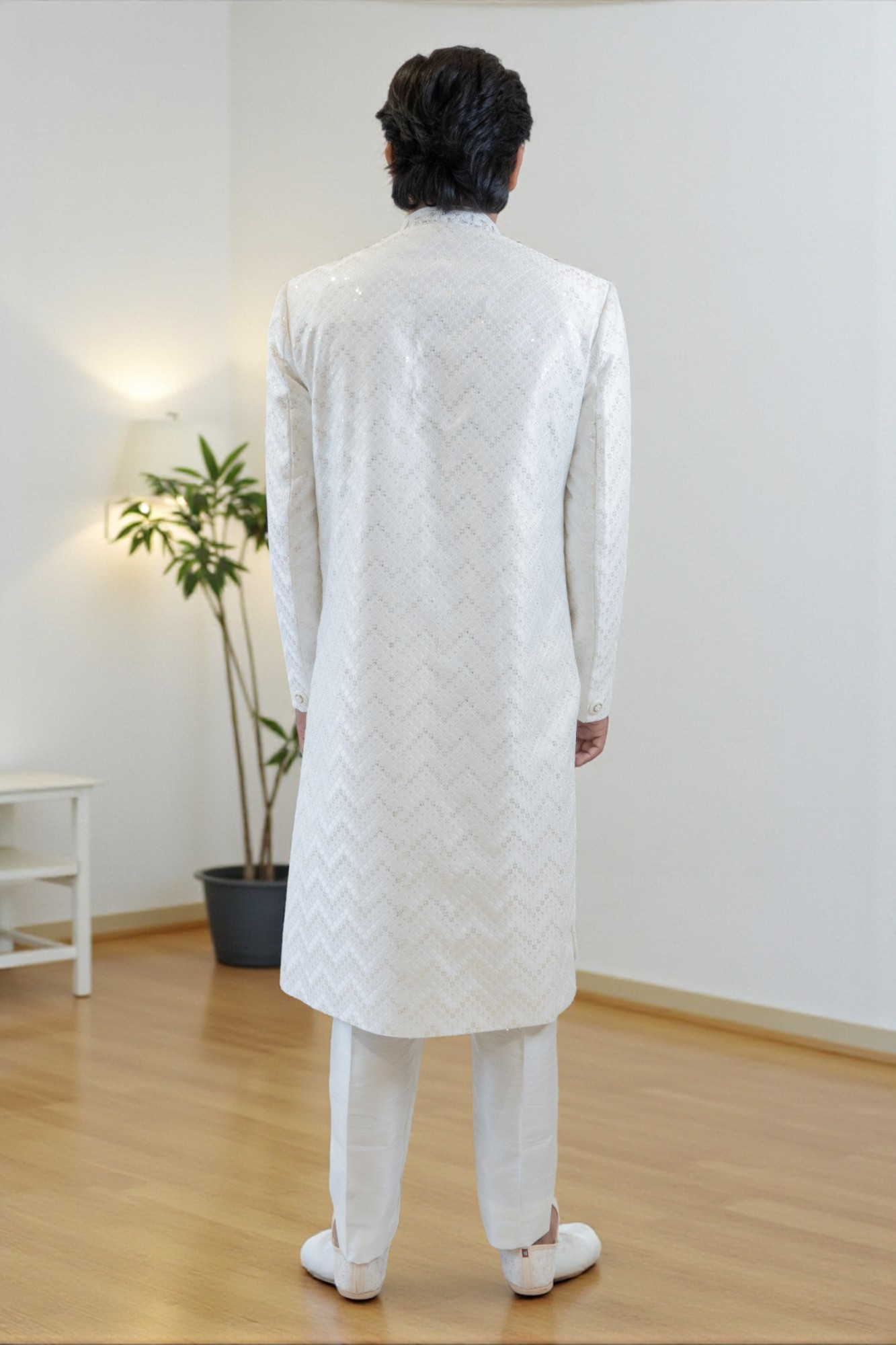 Men’s Off-White Sherwani Set with Sequin Design for Weddings and Festive Occasions - Image 7