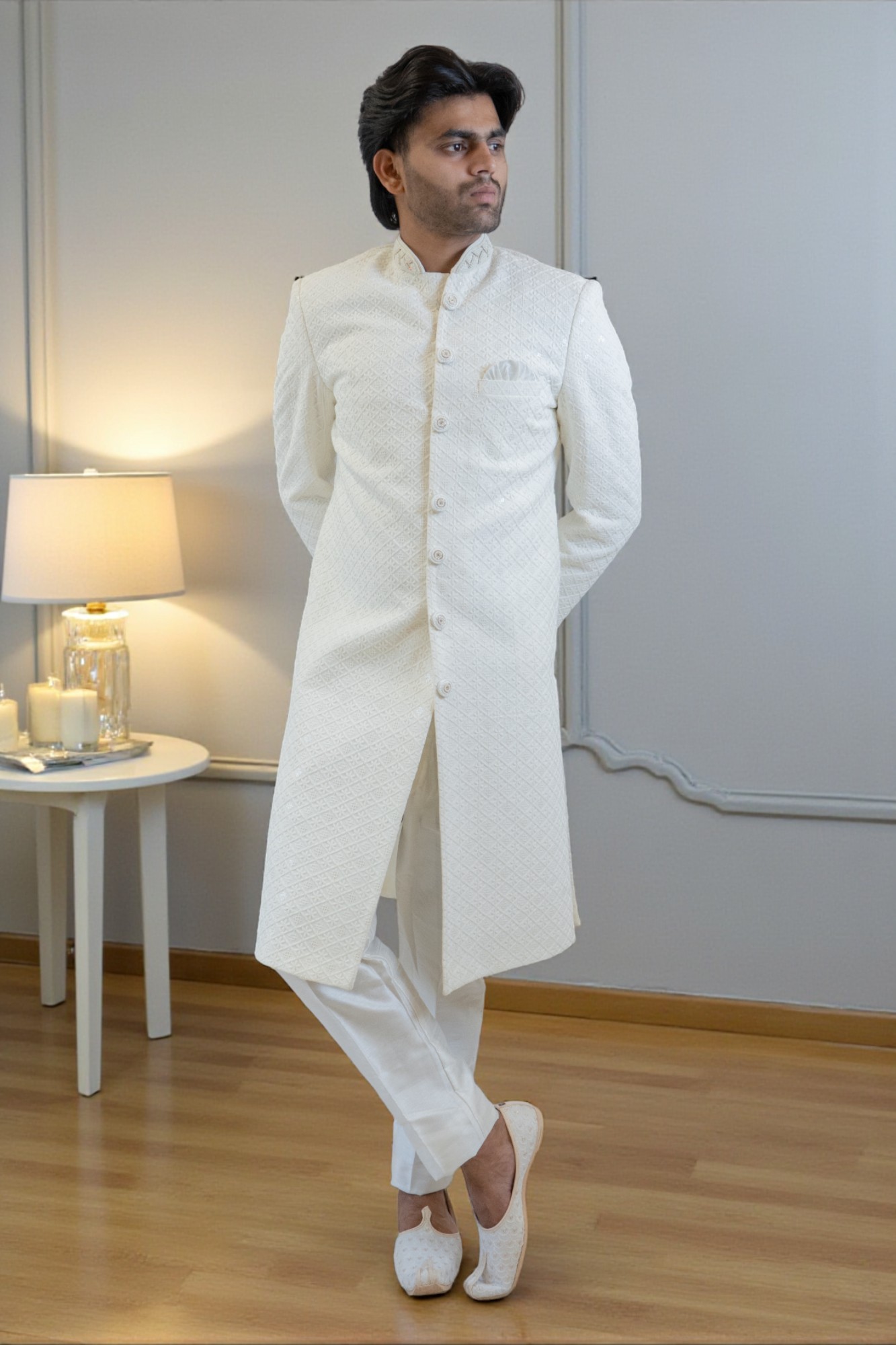 Off-White Floral Sequined Sherwani Set for Men – Elegant, Stylish & Comfortable