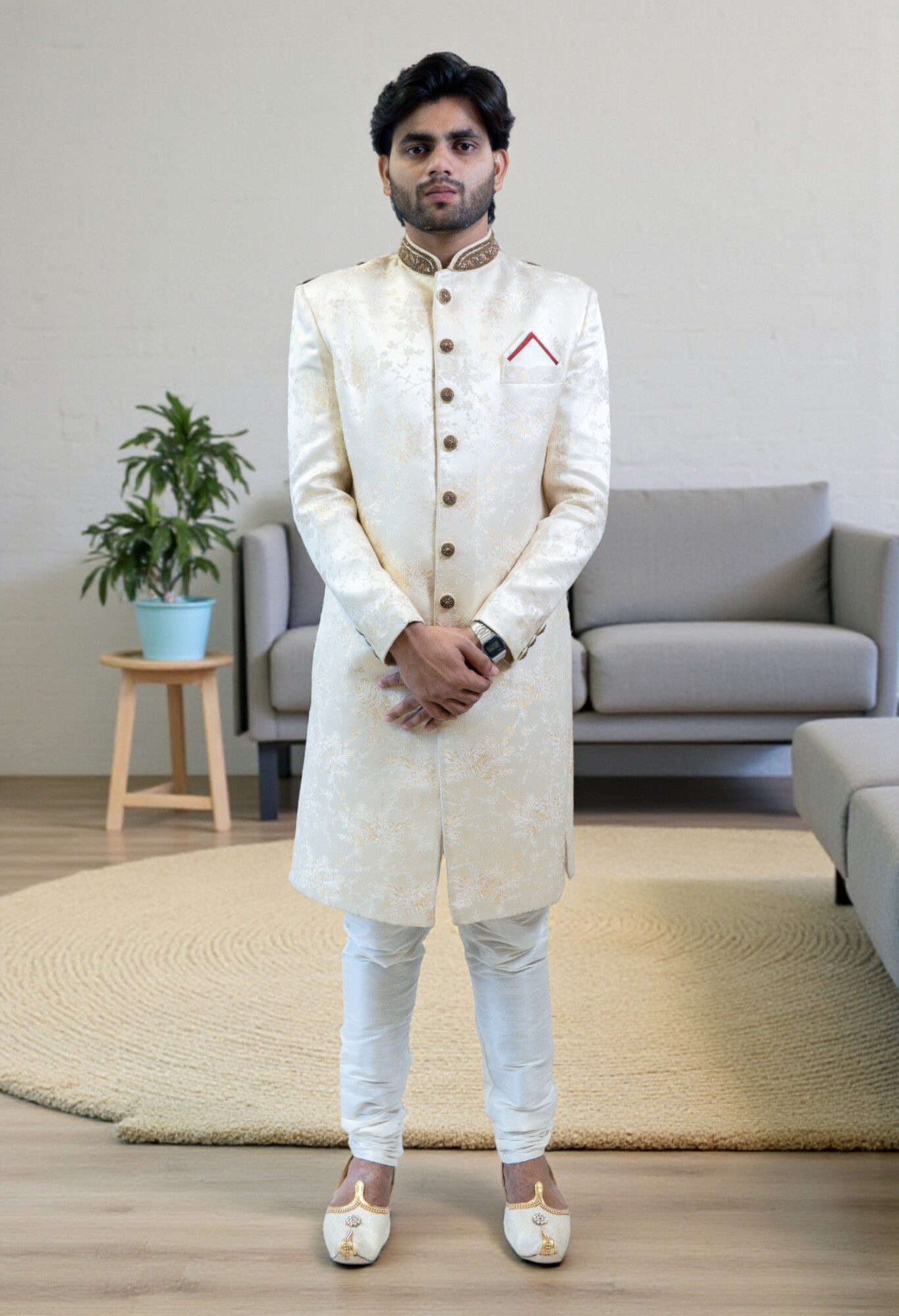 Floral Sherwani Set for Men – Elegant Golden Sequins Design