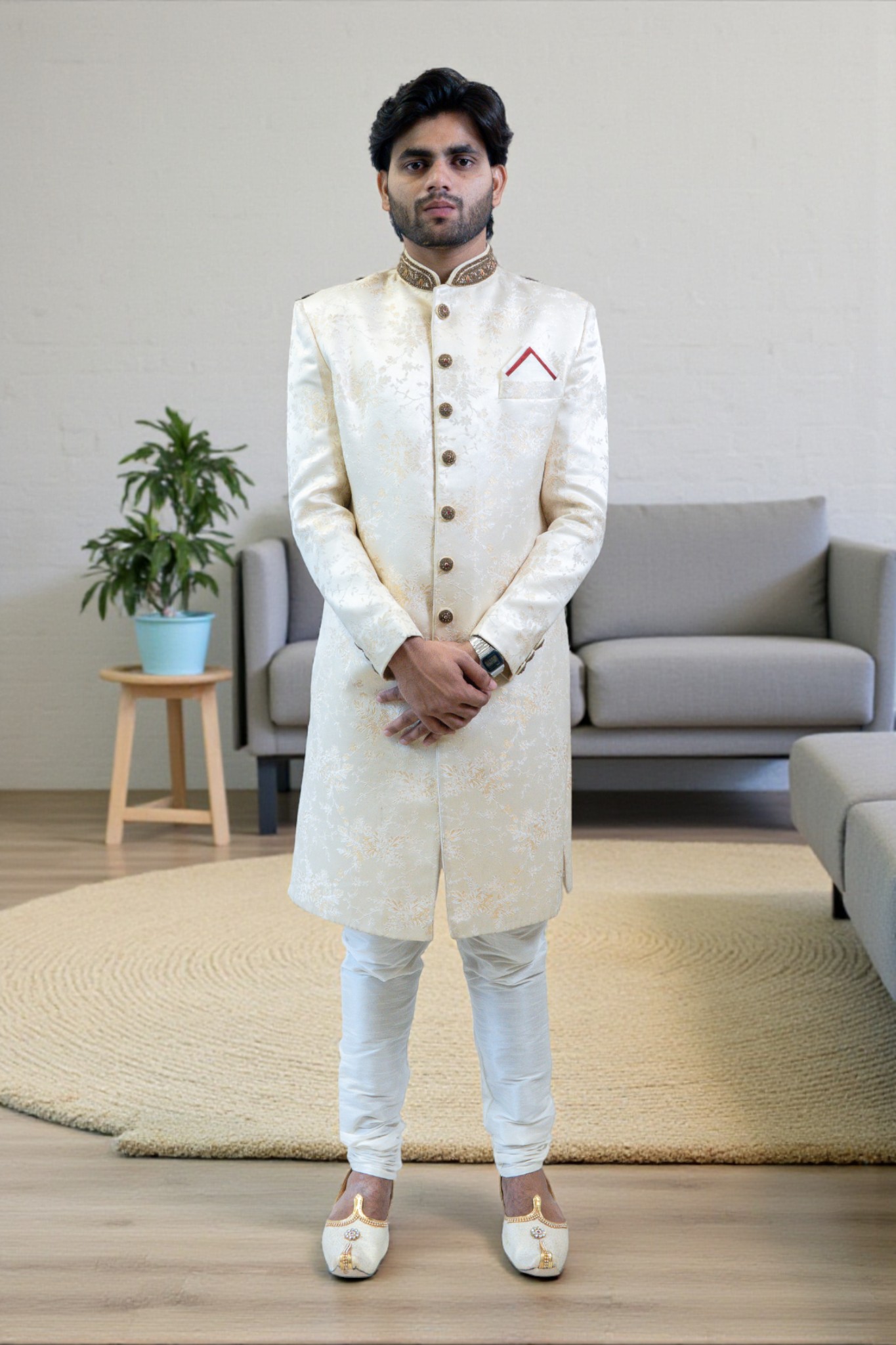 Floral Sherwani Set for Men – Elegant Golden Sequins Design