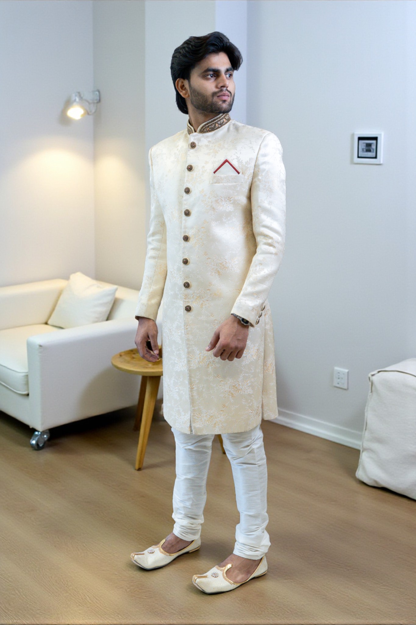 Floral Sherwani Set for Men – Elegant Golden Sequins Design - Image 2