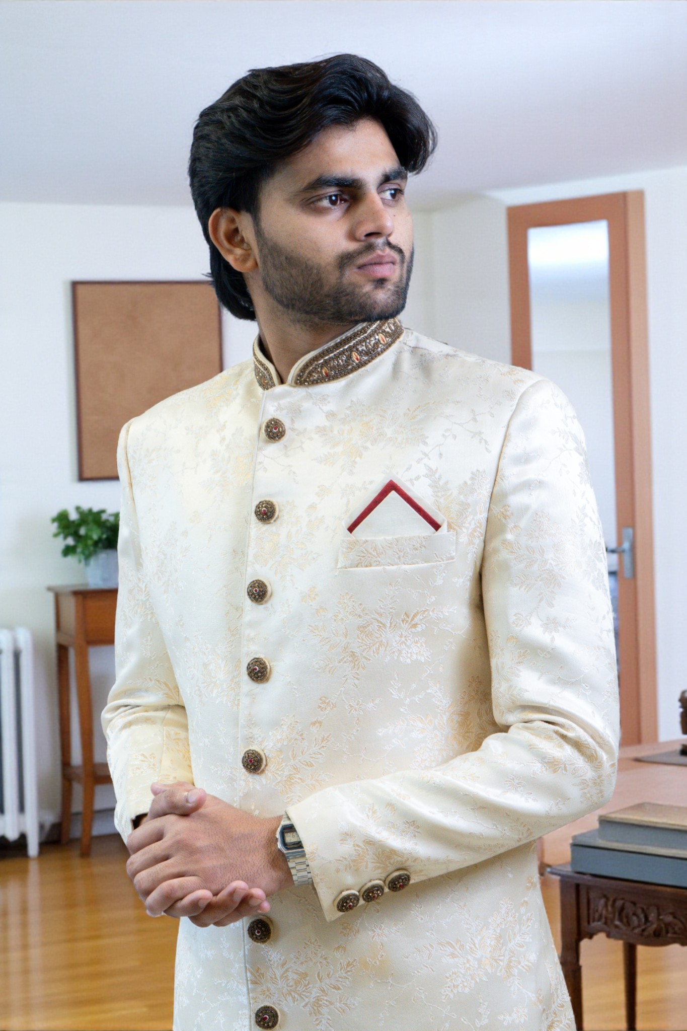 Floral Sherwani Set for Men – Elegant Golden Sequins Design - Image 3