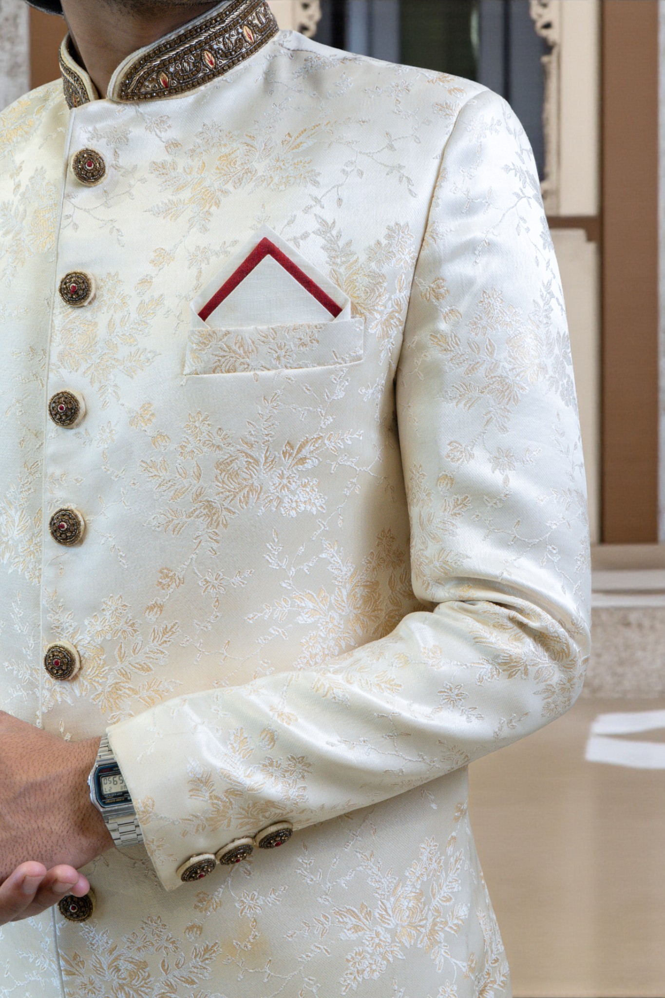 Floral Sherwani Set for Men – Elegant Golden Sequins Design - Image 4