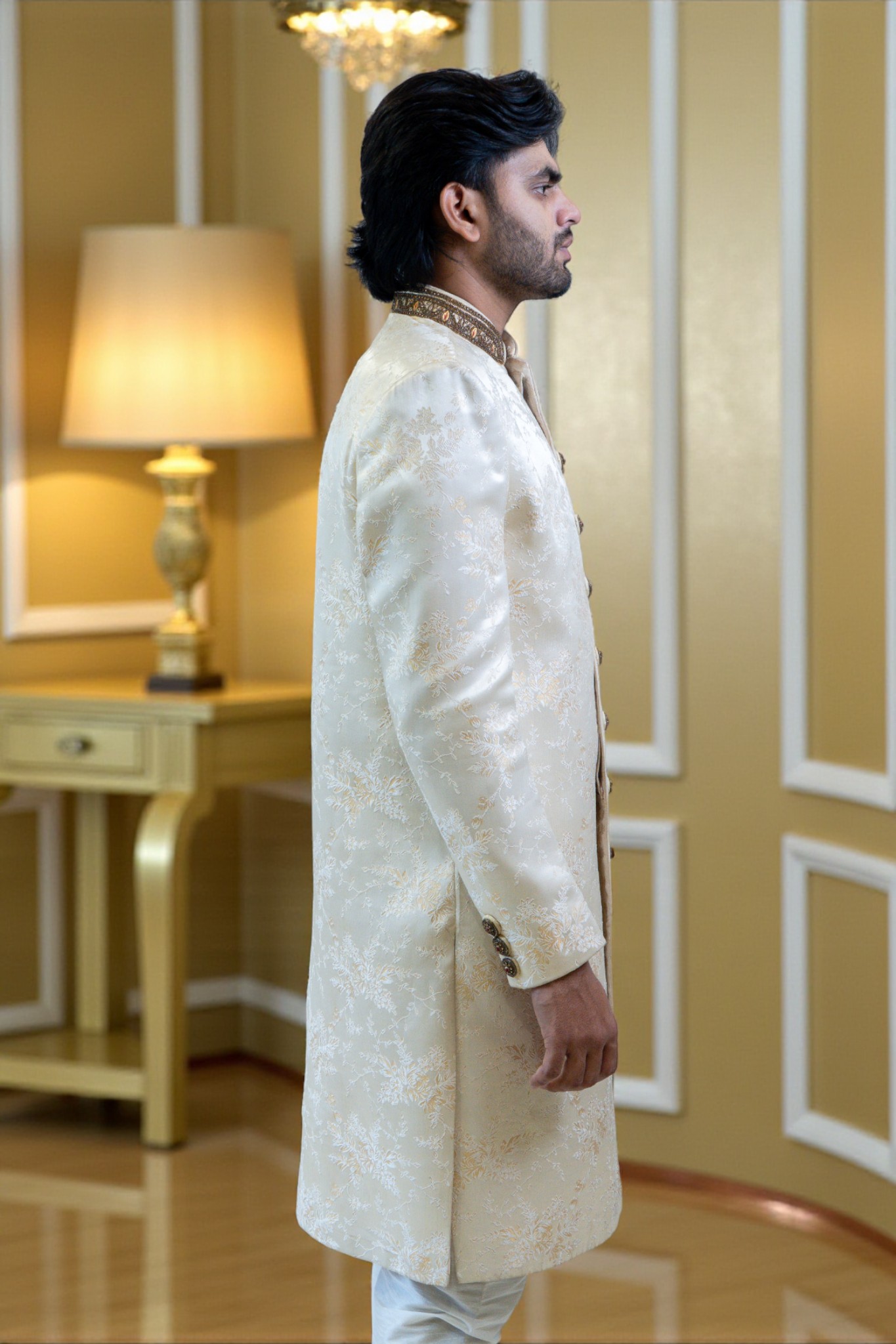 Floral Sherwani Set for Men – Elegant Golden Sequins Design - Image 5