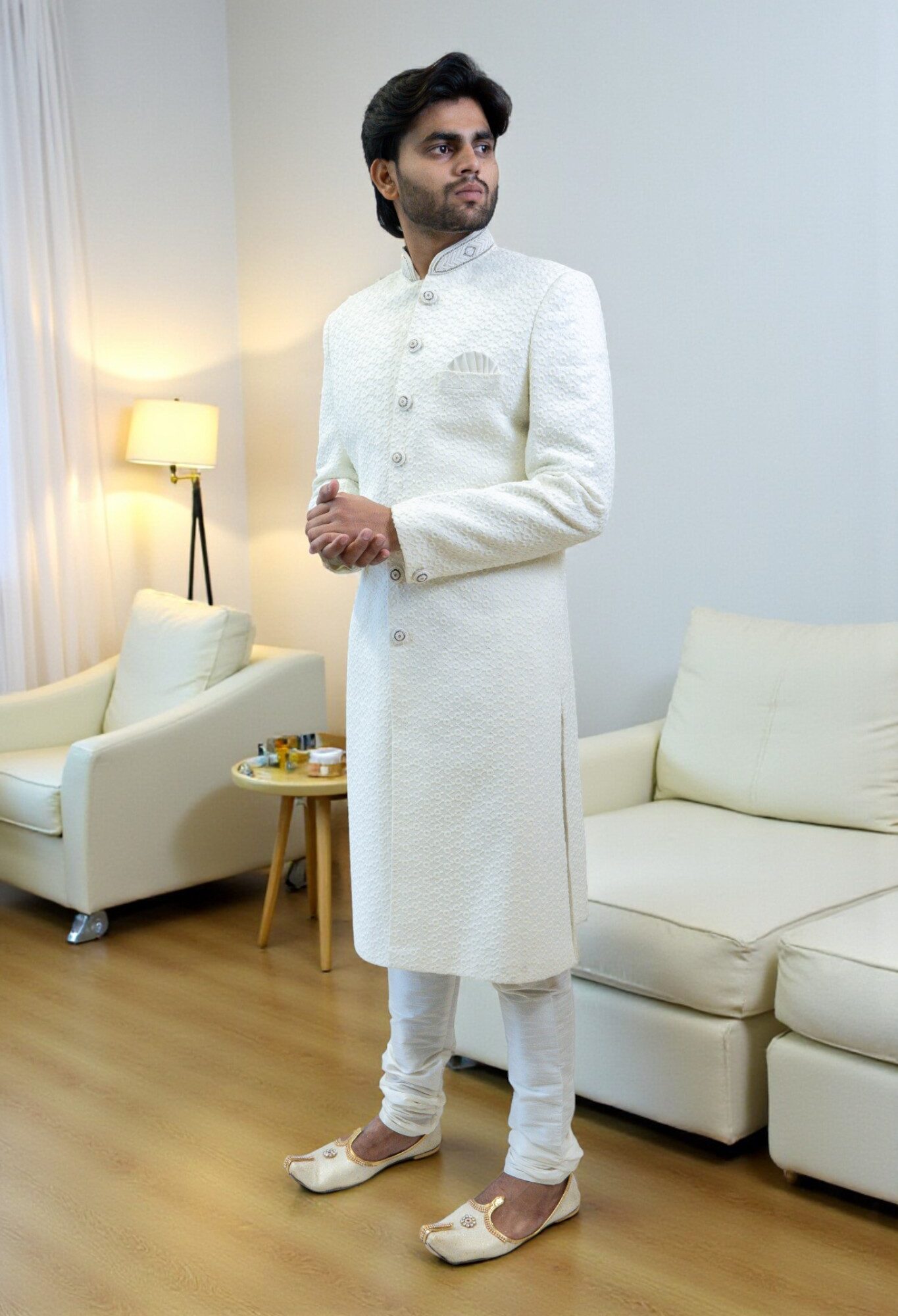 Wedding sherwani set with classic thread work and sequins