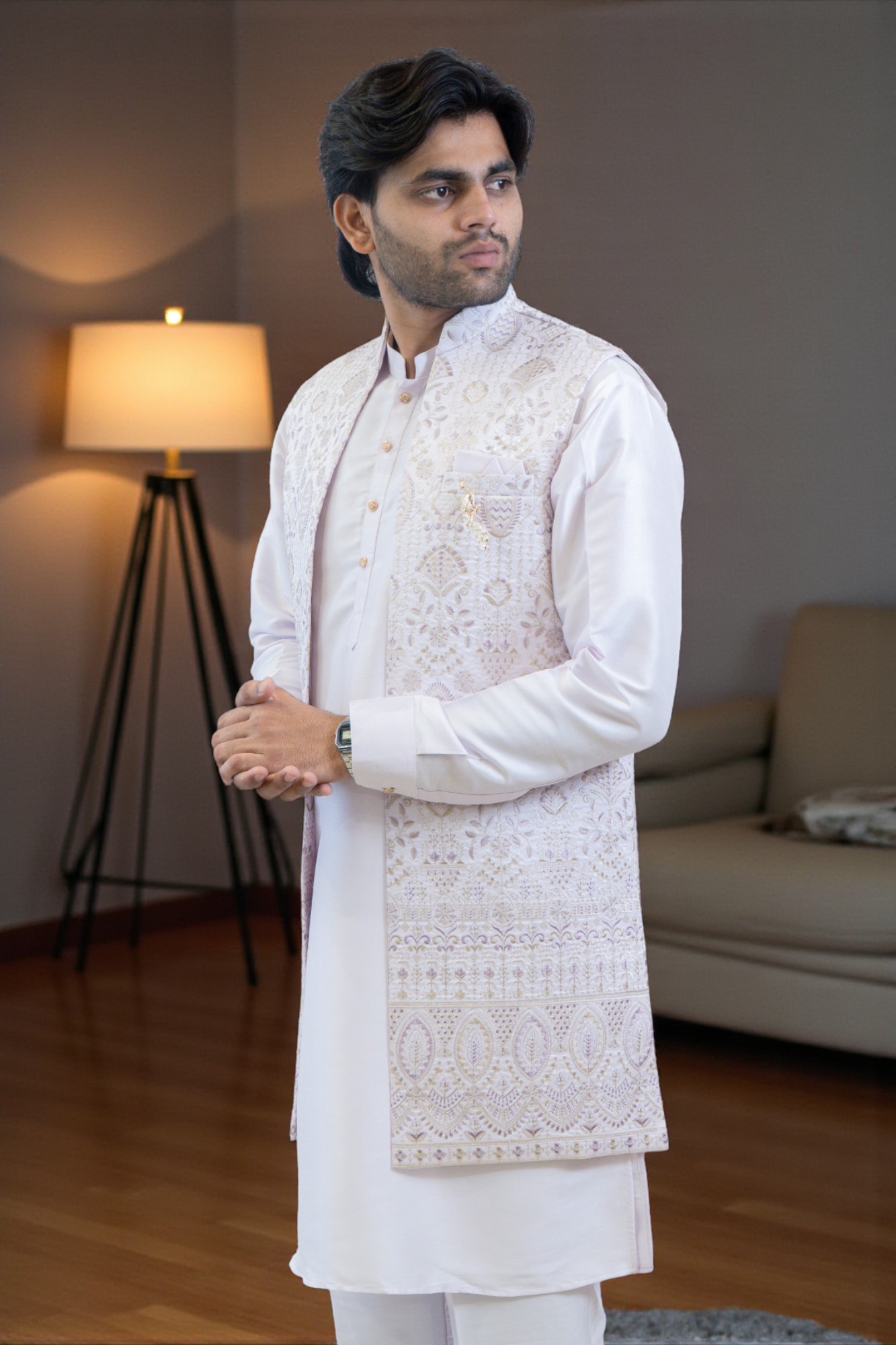 Lavender Kurta Jacket Set for Men with Premium Cotton Rayon Fabric