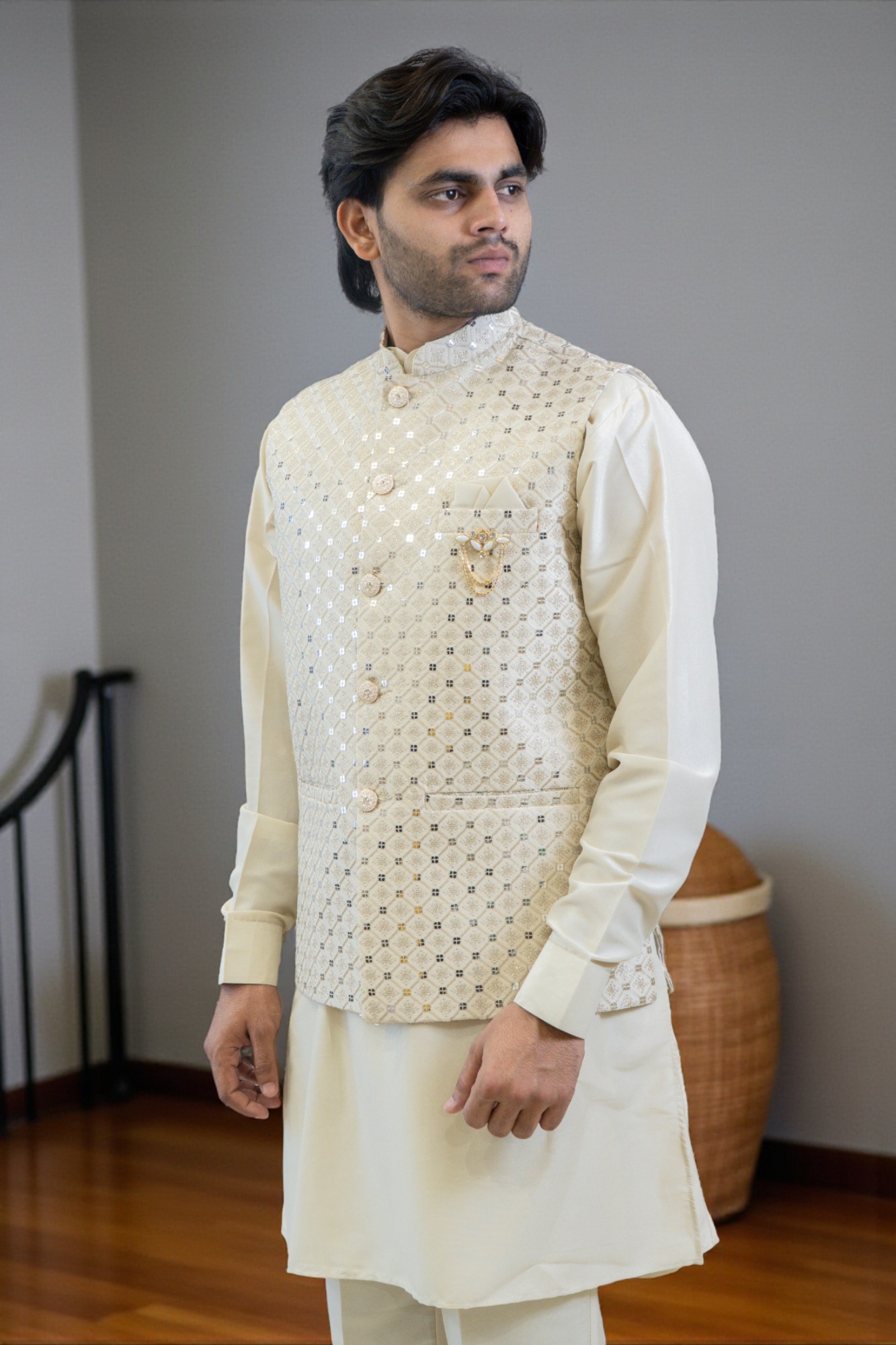 Cream Kurta Jacket Set for Men – Rayon Silk Kurta with Sequin Design Jacket