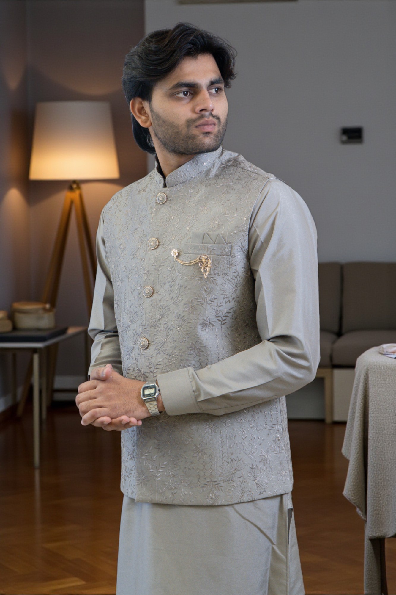 Grey Kurta Jacket Set for Men – Rayon Silk Kurta with Flower Embroidery Jacket