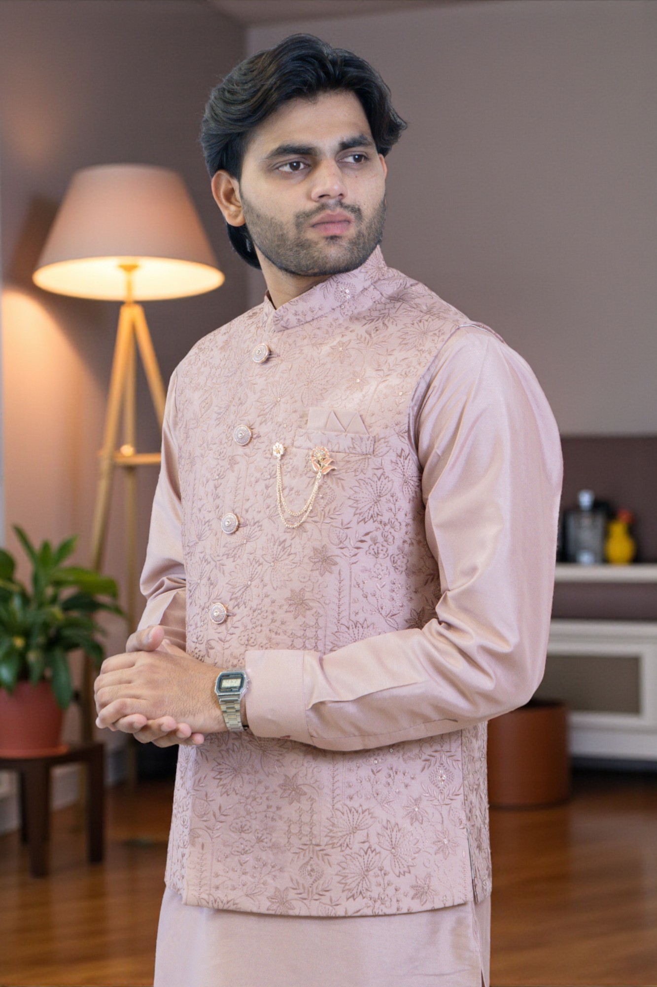 Onion Color Kurta Jacket Set for Men – Flower Embroidery Jacket