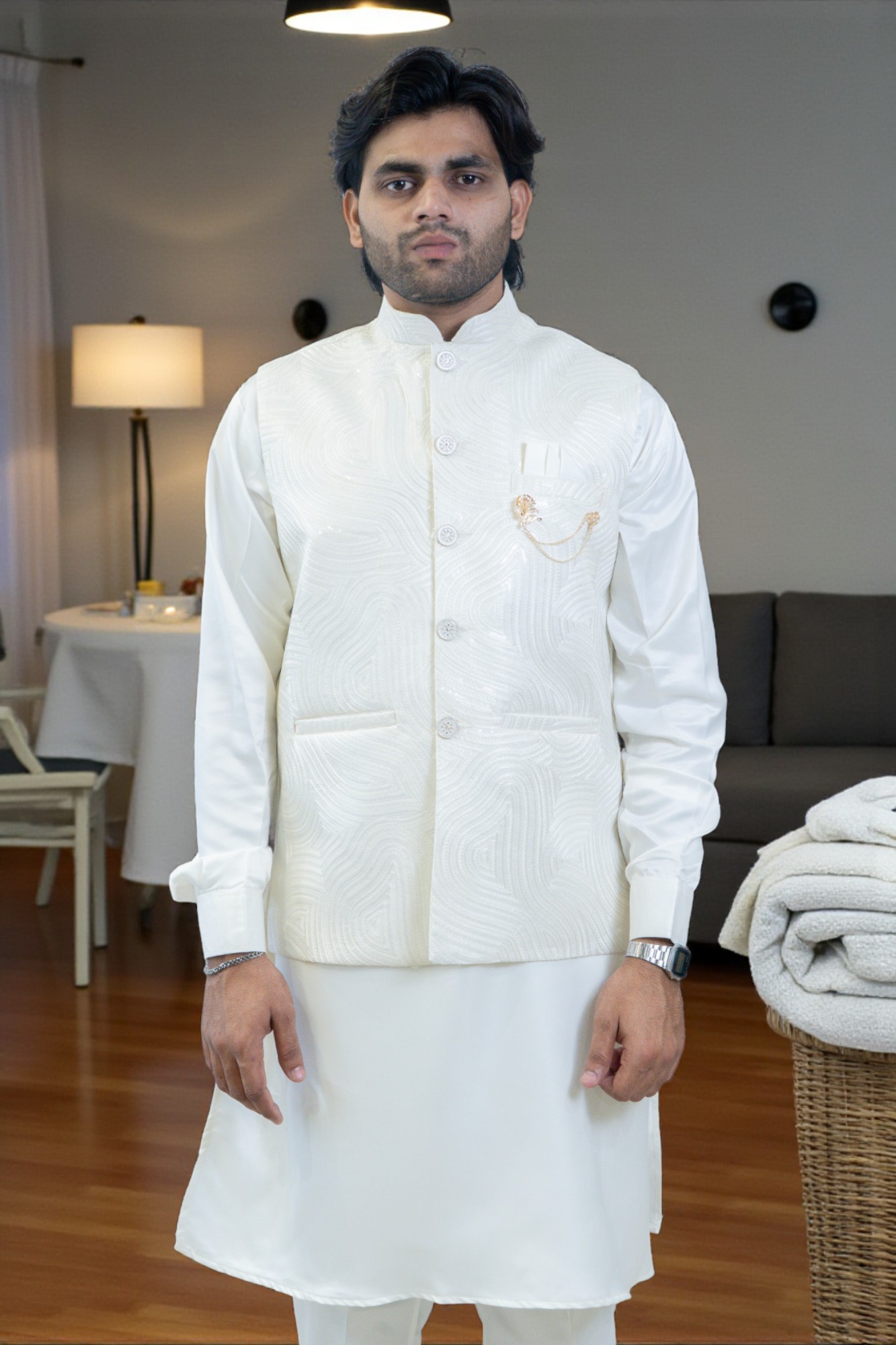 Off-White Kurta Jacket Set for Men – Rayon Silk Kurta with Thread Work Jacket - Image 4