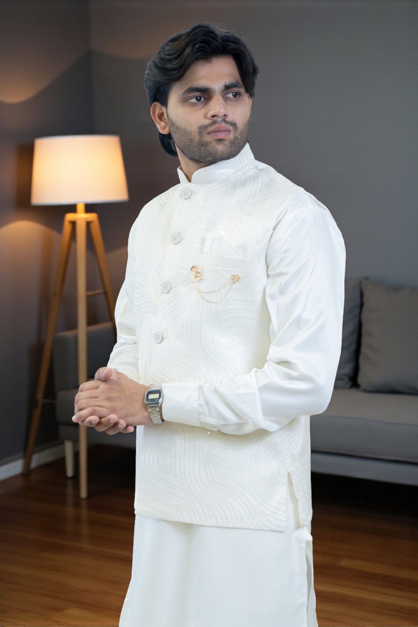 Off-White Kurta Jacket Set for Men – Rayon Silk Kurta with Thread Work Jacket