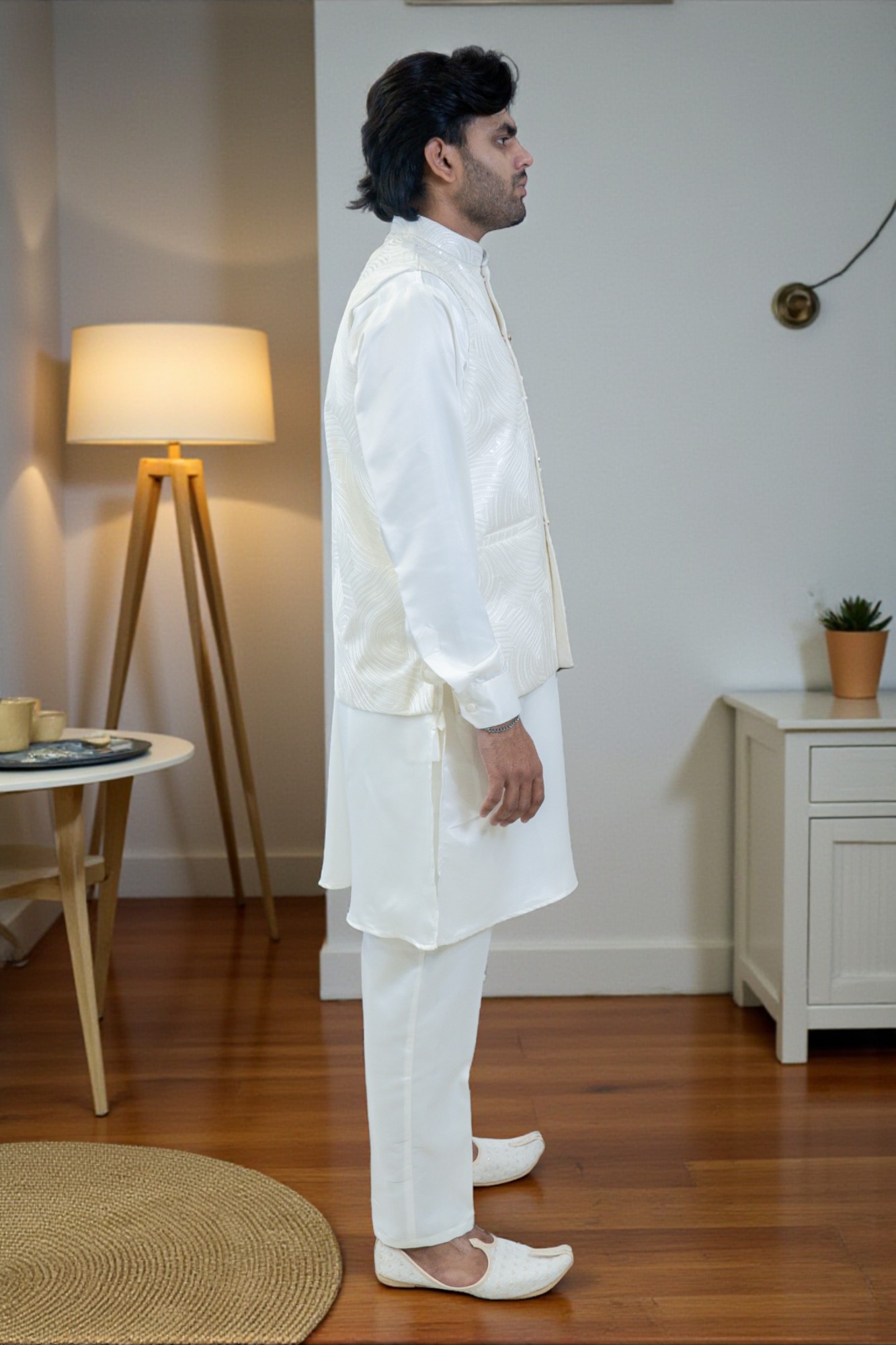 Off-White Kurta Jacket Set for Men – Rayon Silk Kurta with Thread Work Jacket - Image 3