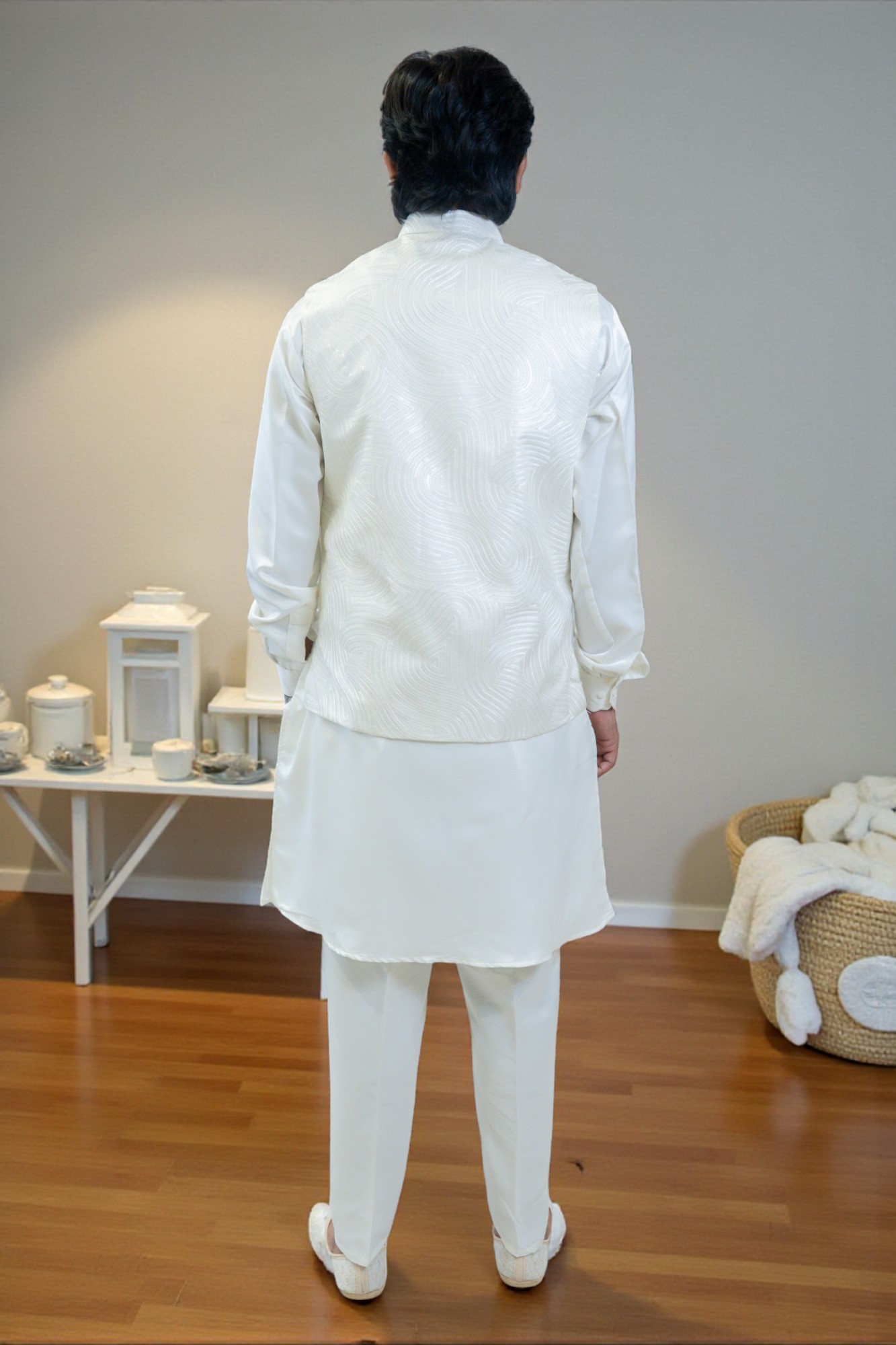 Off-White Kurta Jacket Set for Men – Rayon Silk Kurta with Thread Work Jacket - Image 6