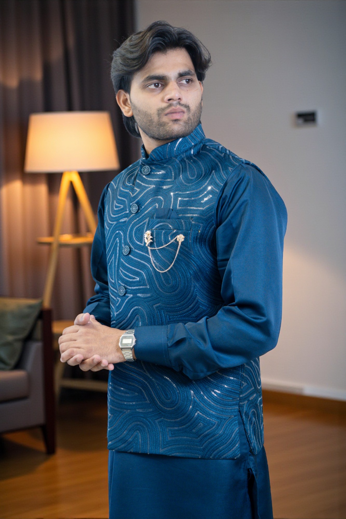 Navy Blue Kurta Jacket Set for Men – Rayon Silk Kurta with Sequin Design Jacket