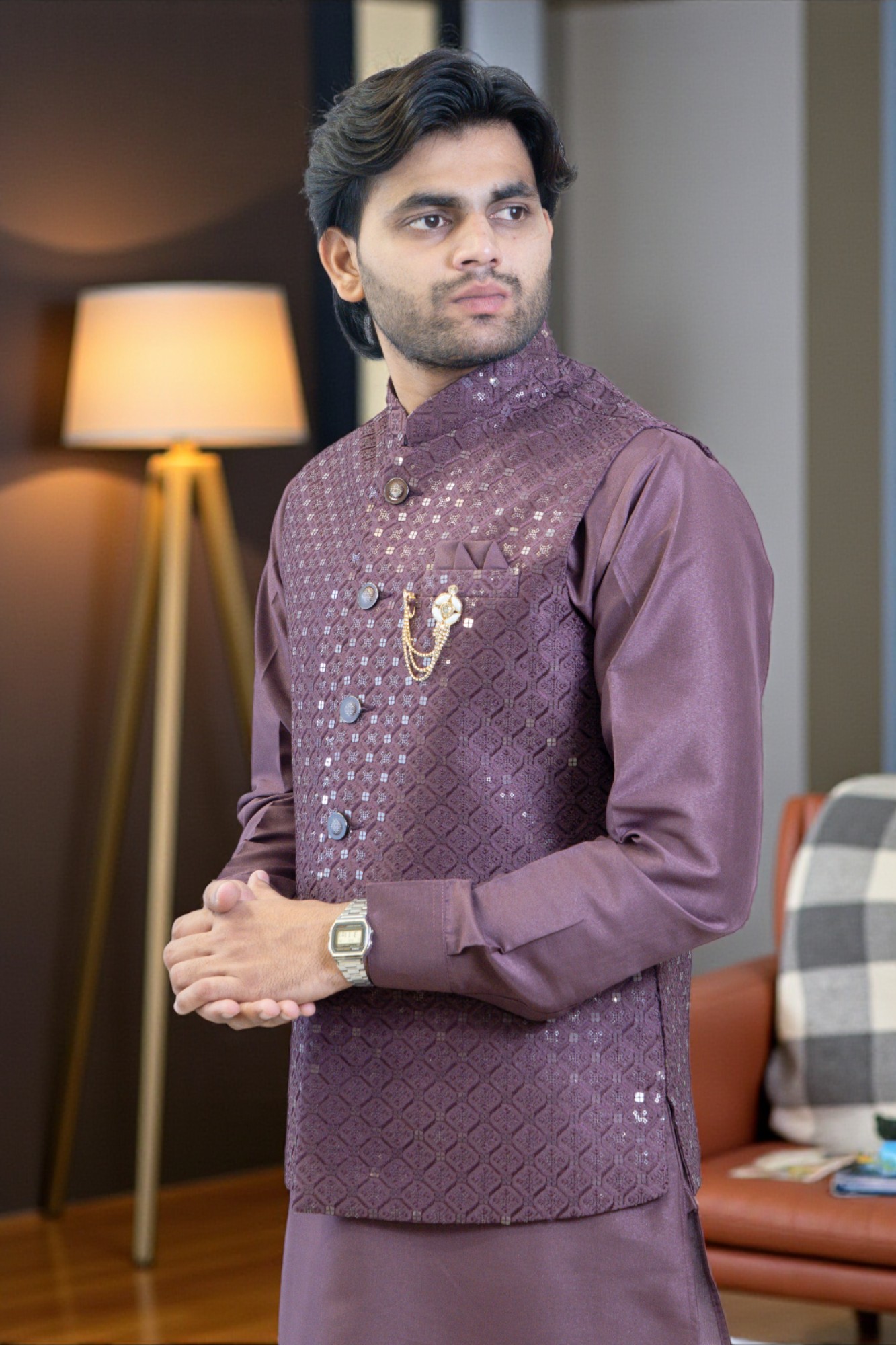 Wine Kurta Jacket Set for Men – Rayon Silk Kurta with Sequin Design Jacket