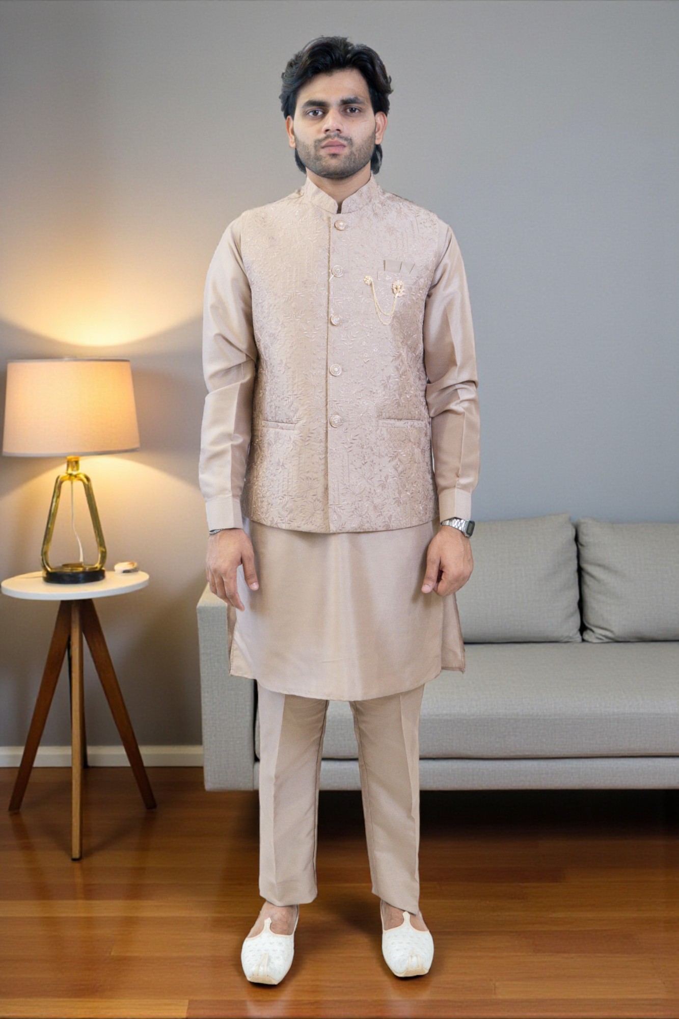 Onion Color Kurta Jacket Set for Men – Rayon Silk Kurta with Flower Work Jacket - Image 2