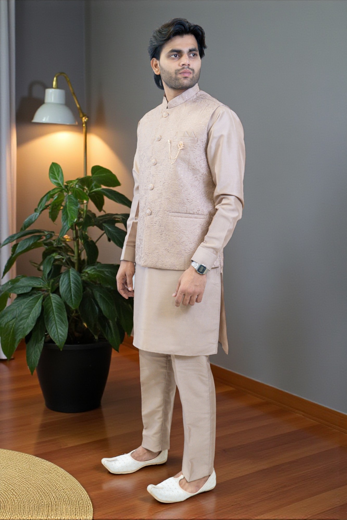 Onion Color Kurta Jacket Set for Men – Rayon Silk Kurta with Flower Work Jacket - Image 3