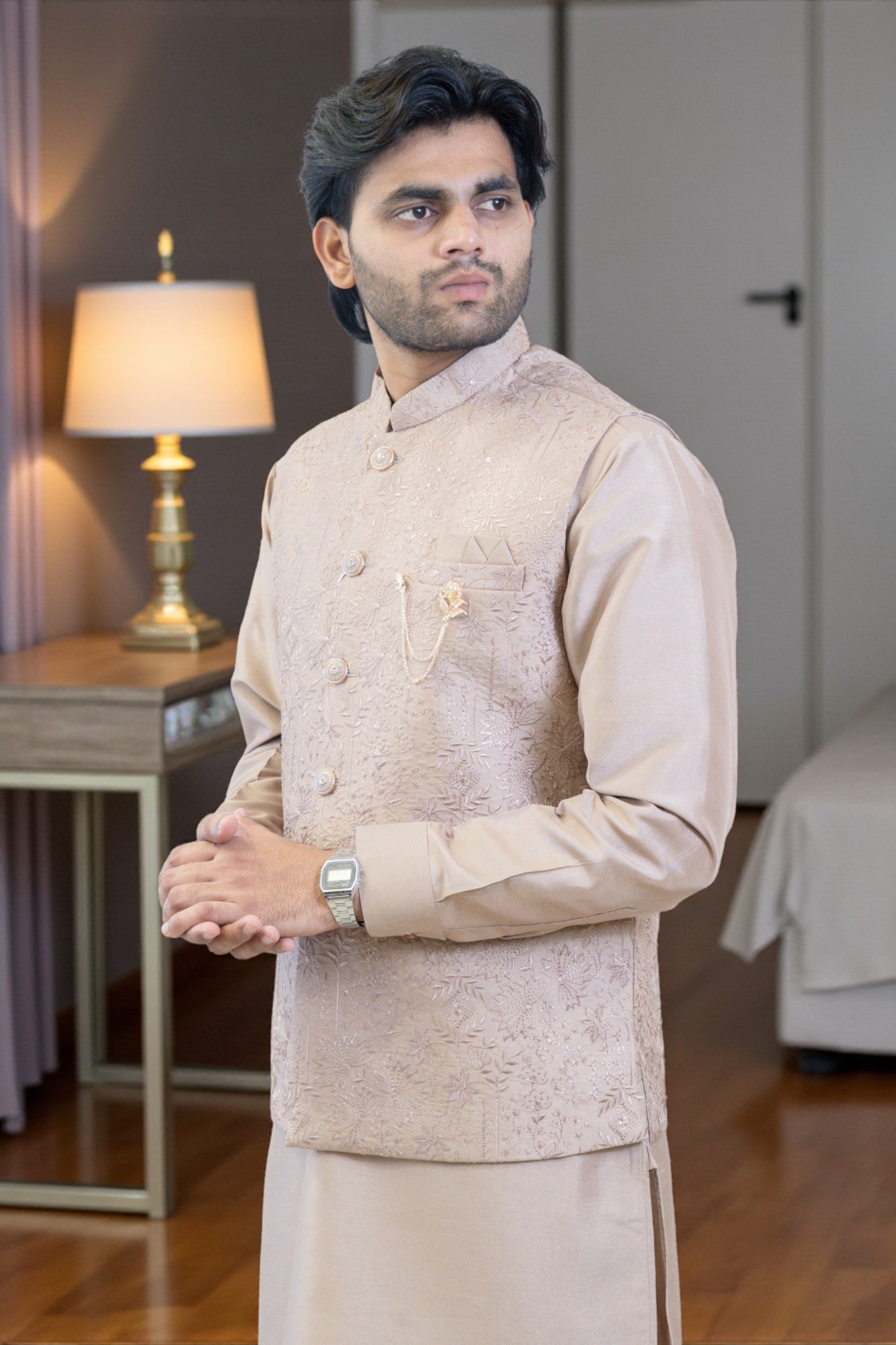 Onion Color Kurta Jacket Set for Men – Rayon Silk Kurta with Flower Work Jacket