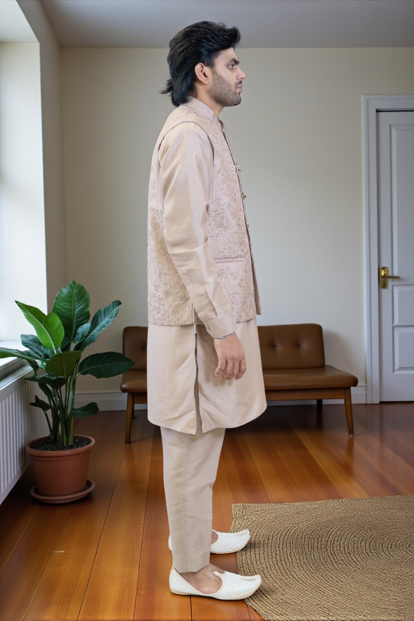 Onion Color Kurta Jacket Set for Men – Rayon Silk Kurta with Flower Work Jacket - Image 4