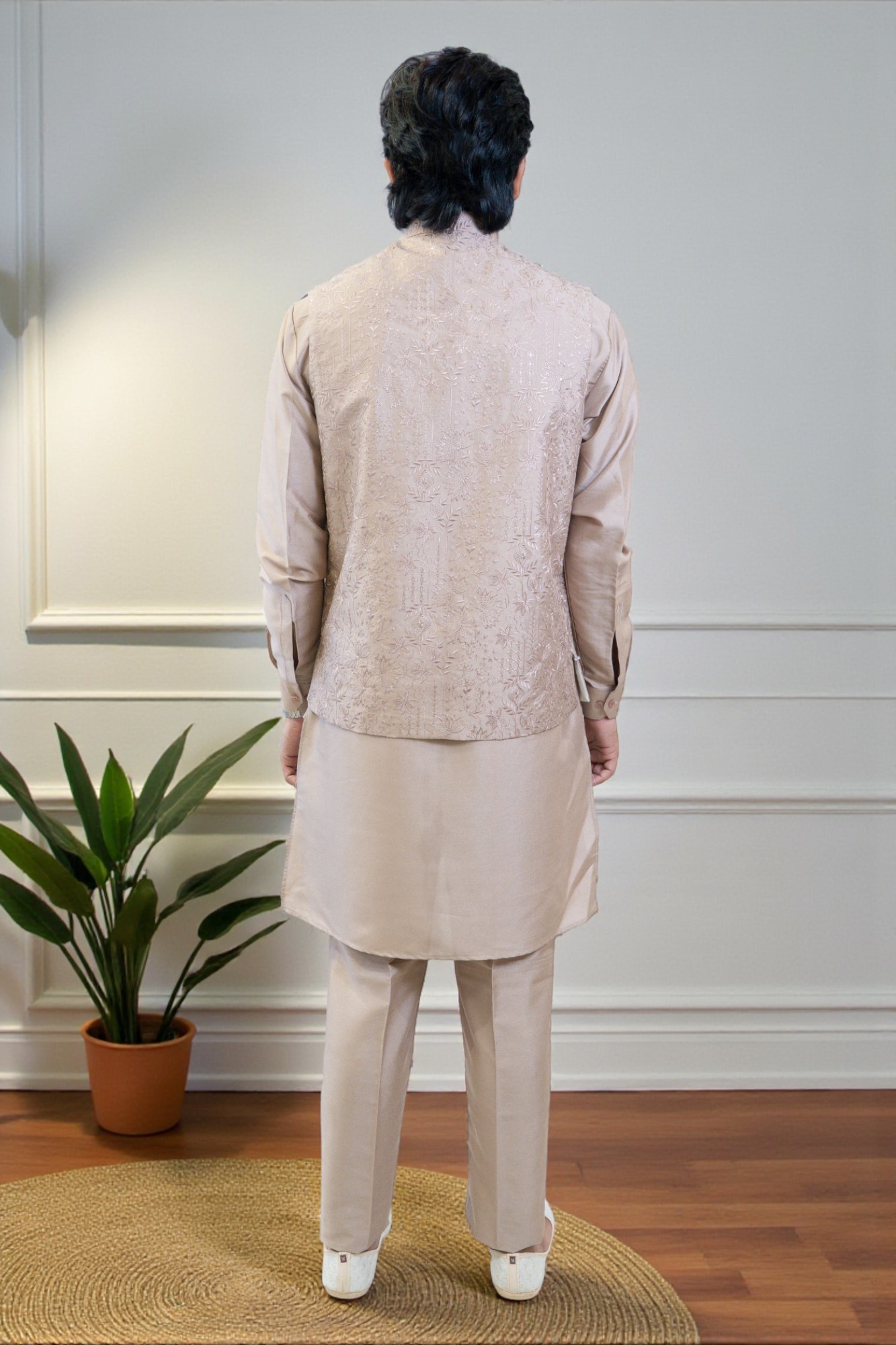 Onion Color Kurta Jacket Set for Men – Rayon Silk Kurta with Flower Work Jacket - Image 5