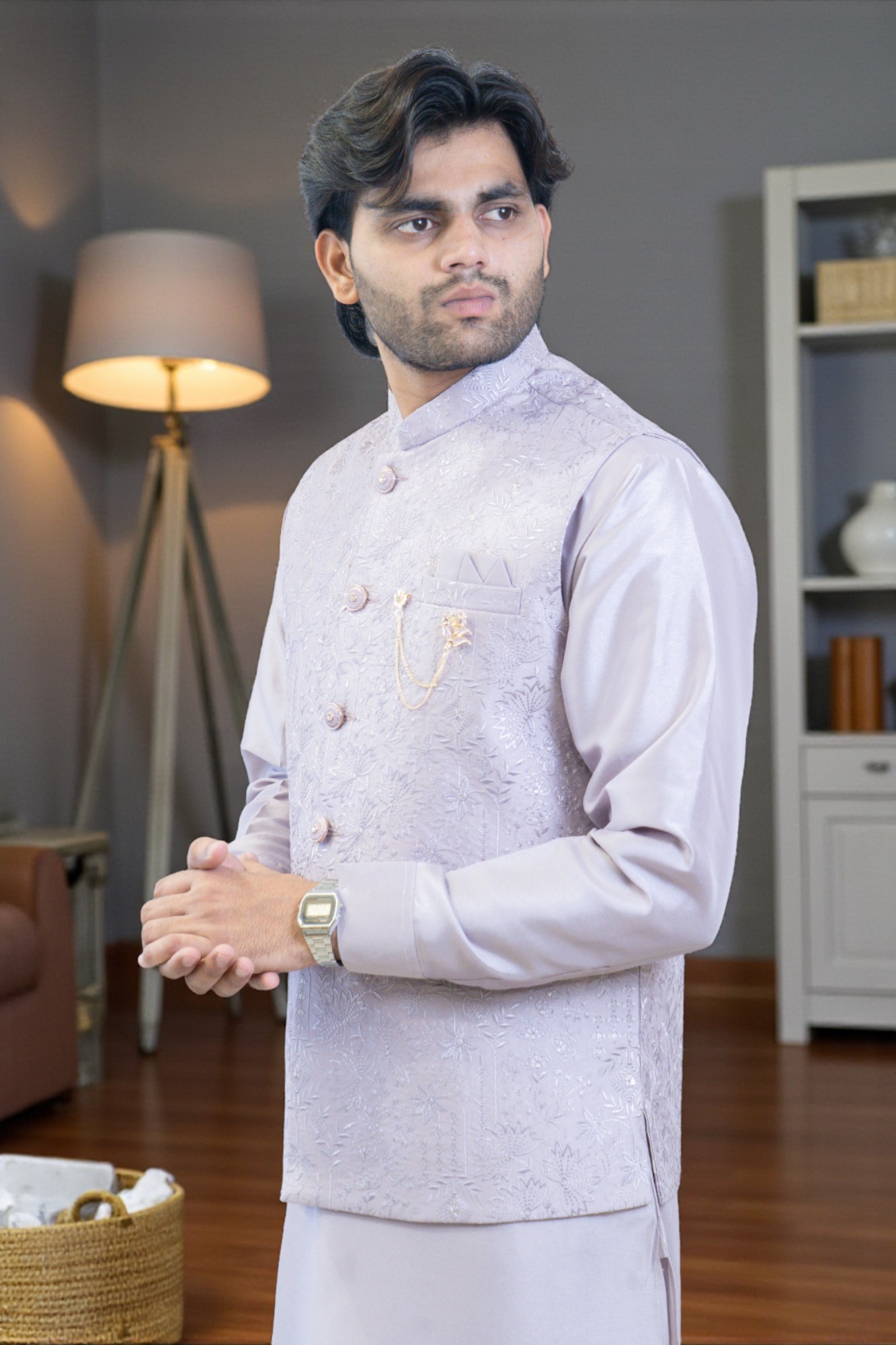 Lavender Kurta Jacket Set for Men – Rayon Silk Kurta with Flower Work Jacket
