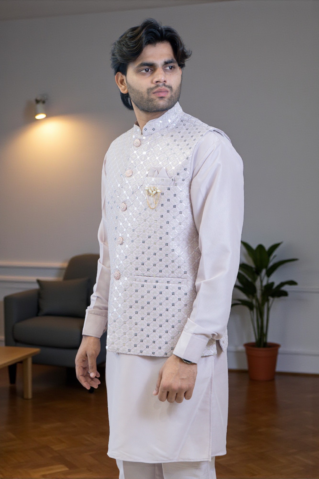 Lavender Kurta Jacket Set for Men – Rayon Silk Kurta with Sequin Design Jacket