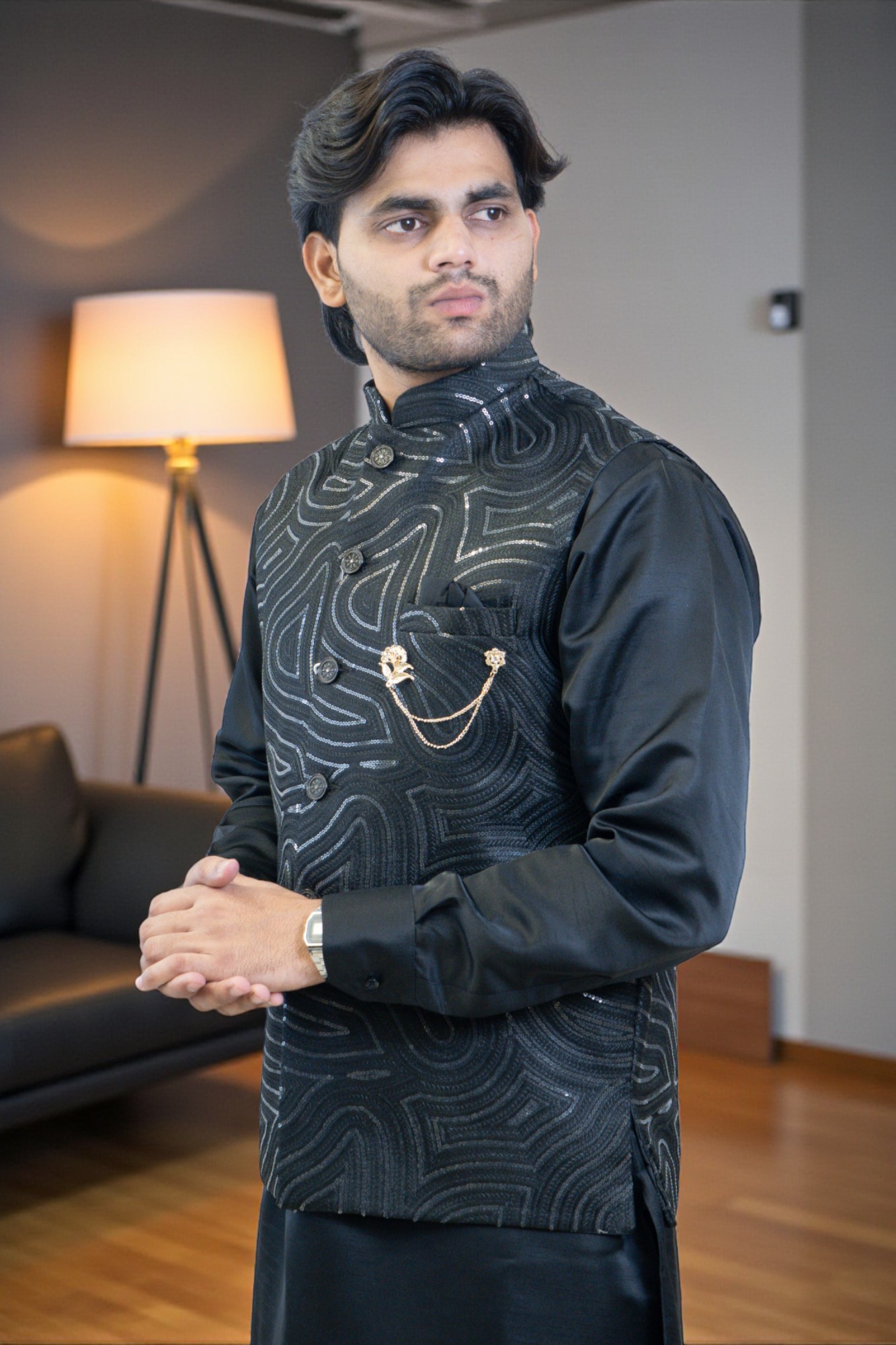 Black Kurta Jacket Set for Men – Rayon Silk Kurta with Thread Work Jacket